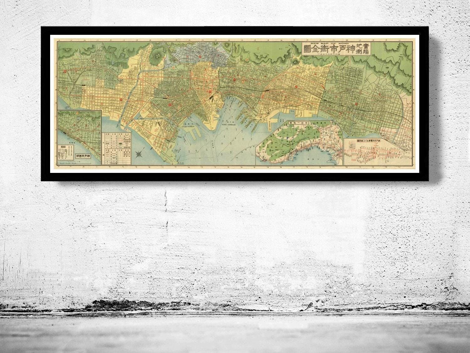 Vecchia mappa di Kobe, Giappone, 1932 | Stampa artistica da parete con mappa d'epoca