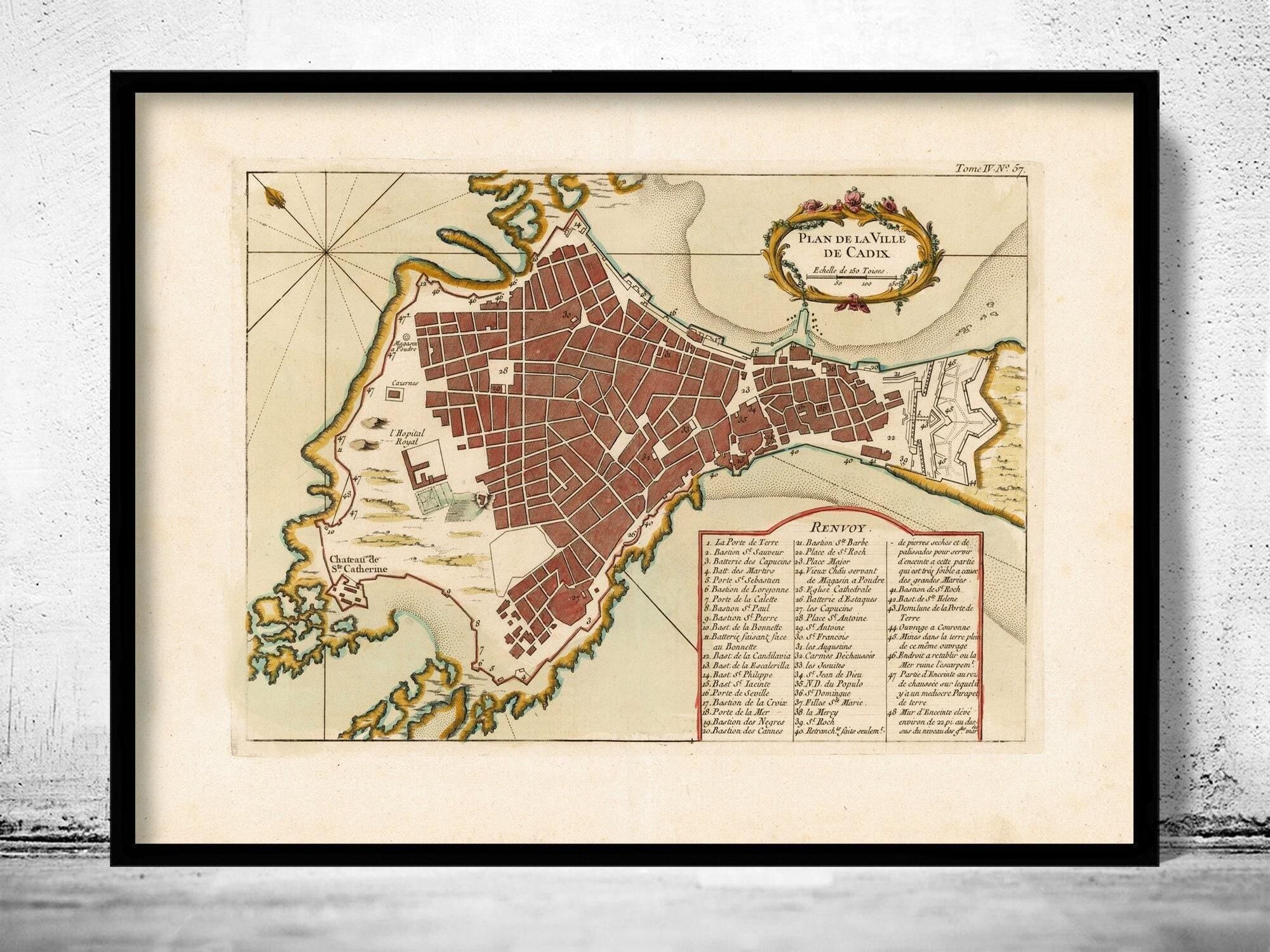 Vecchia mappa di Cadice, Spagna, 1700 | Stampa artistica da parete con mappa d'epoca