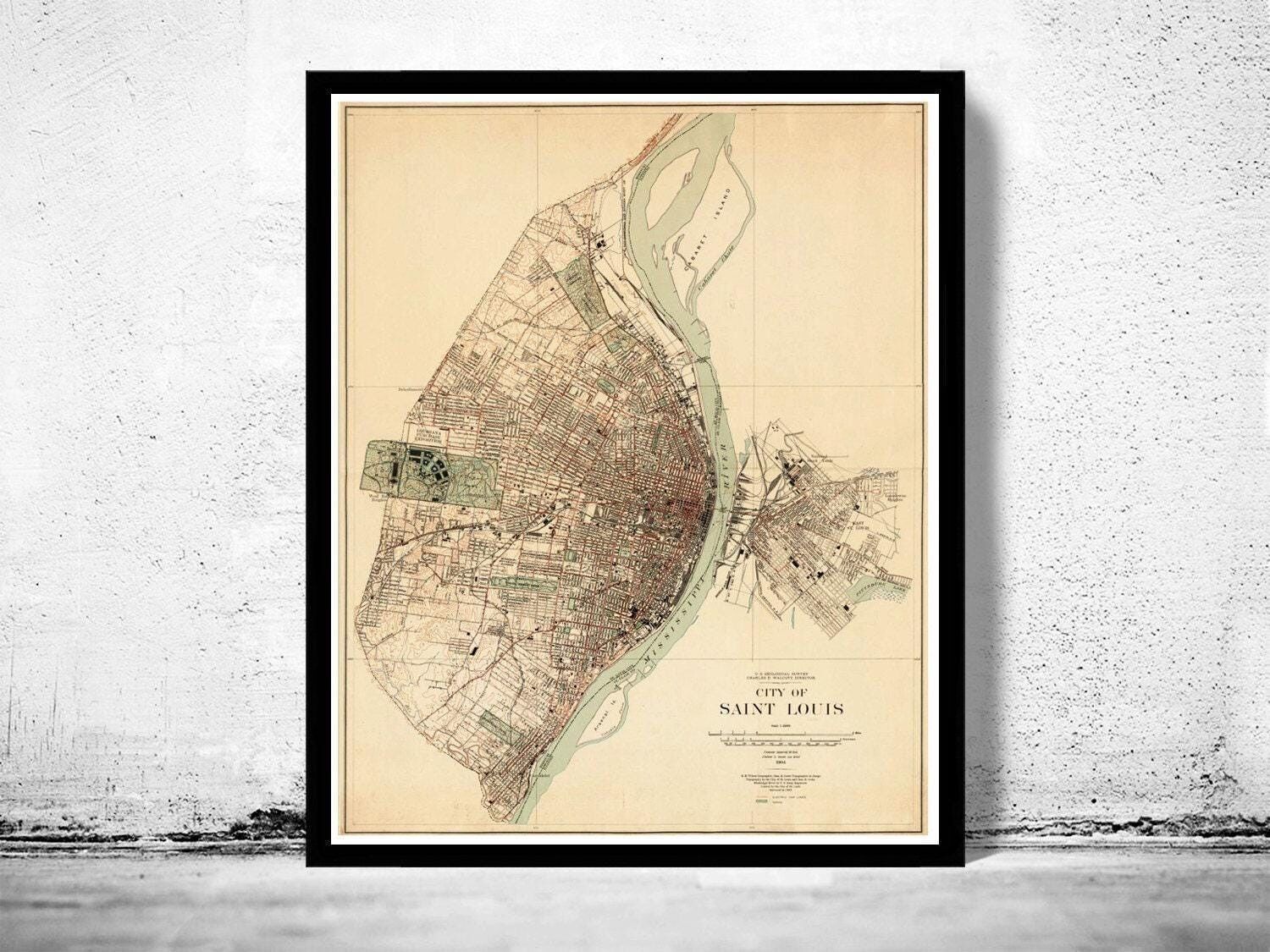 Vecchia mappa della città di Saint Louis, Missouri, 1904 | Mappa d'epoca | Stampa artistica da parete con mappa d'epoca