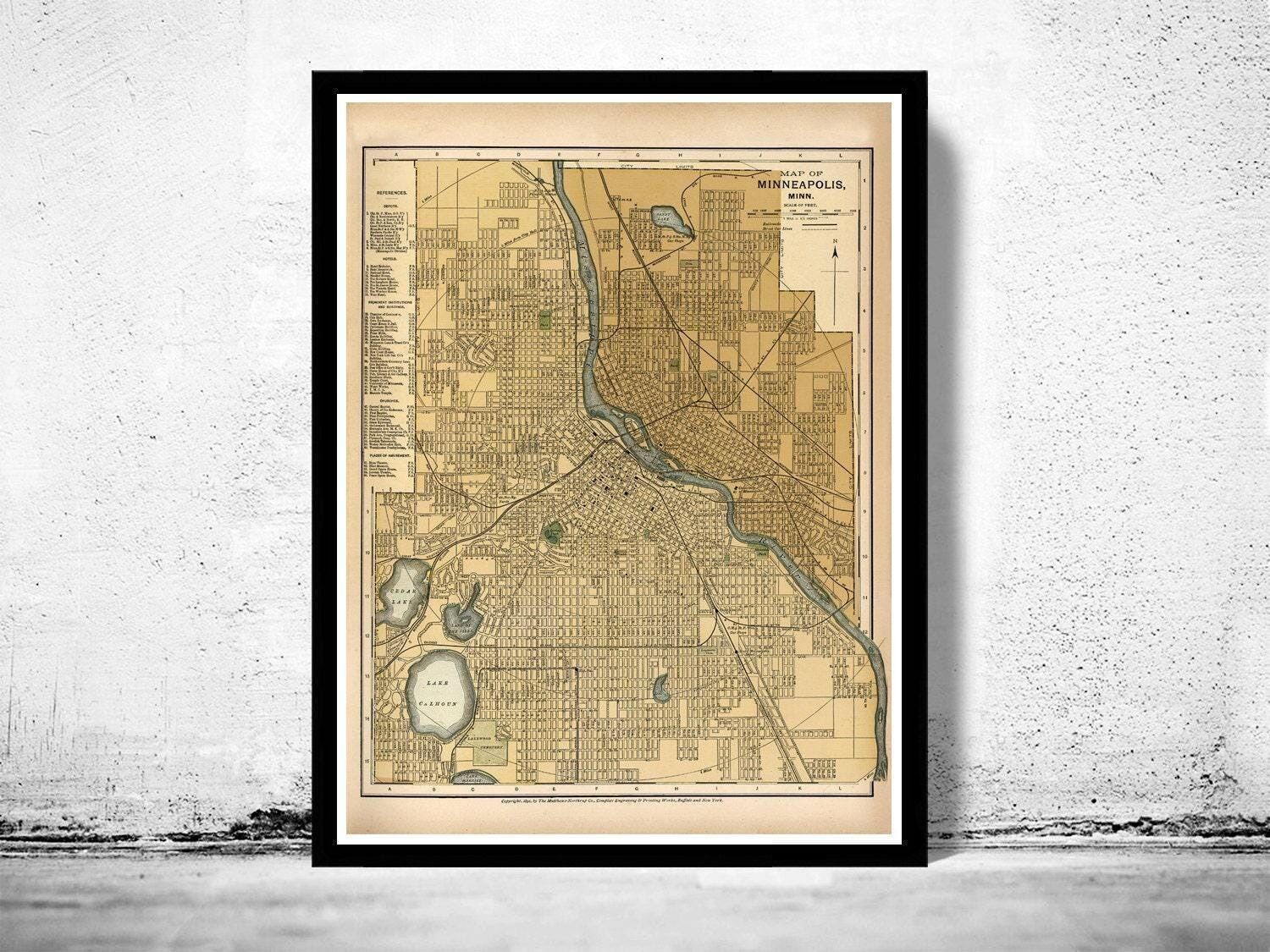 Vecchia mappa di Minneapolis del 1901 | Stampa artistica da parete con mappa d'epoca