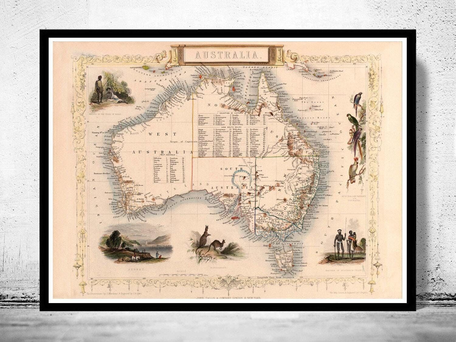 Vecchia mappa Australia 1851 Mappa d'epoca | Stampa artistica da parete con mappa d'epoca