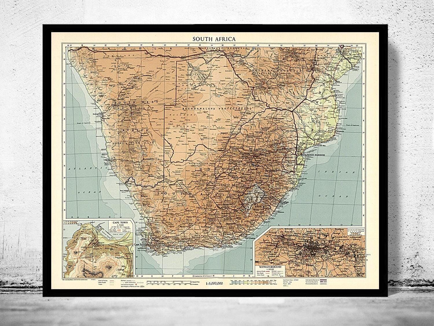 Vecchia mappa del Sudafrica, mappa vintage dell'Africa del Sud | Stampa artistica da parete con mappa vintage