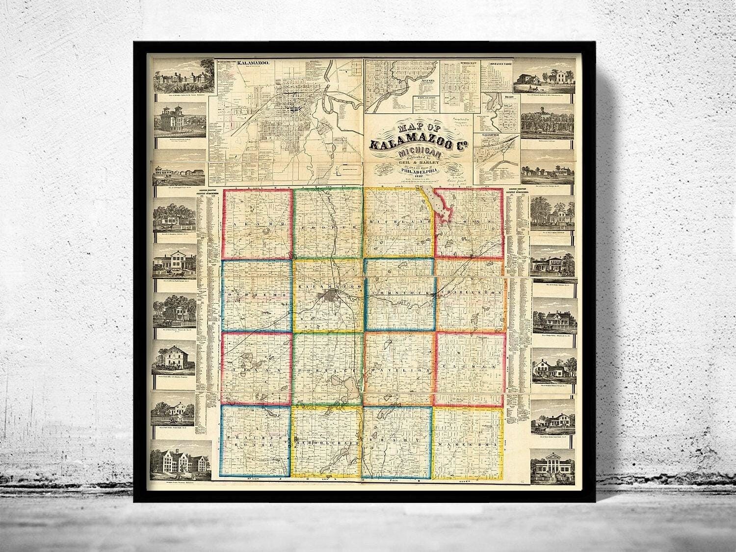Vecchia mappa di Kalamazoo, Michigan, 1861. Vecchia mappa della città di Kalamazoo | Stampa artistica da parete con mappa d'epoca.