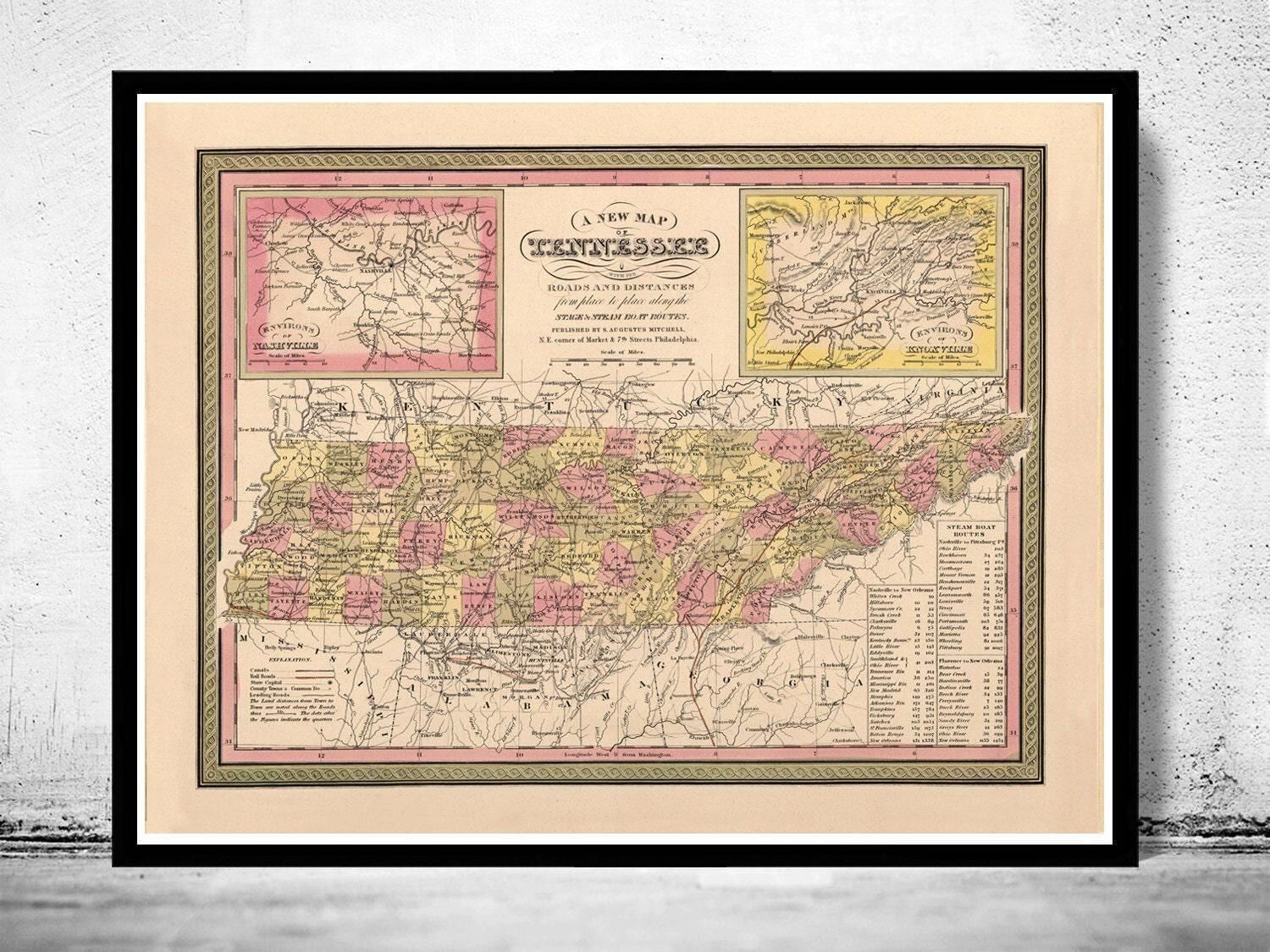 Vecchia mappa del Tennessee, mappa d'epoca degli Stati Uniti del 1849 | Stampa artistica da parete con mappa d'epoca