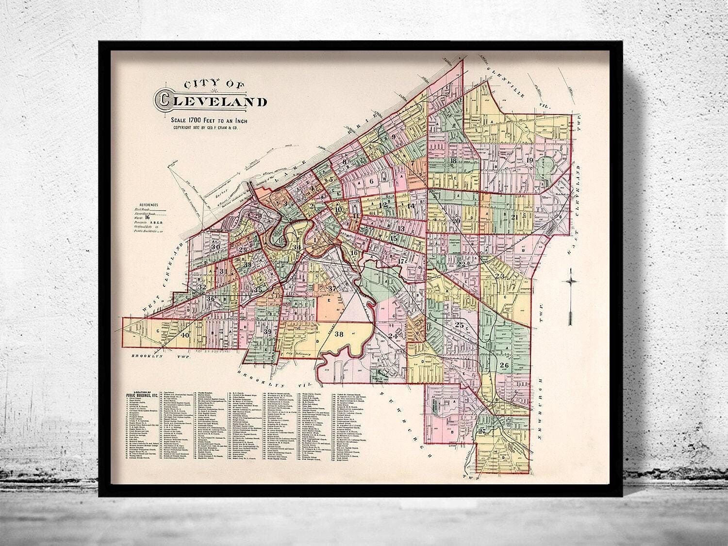 Vecchia mappa di Cleveland, mappa d'epoca del 1892 | Stampa artistica da parete con mappa d'epoca