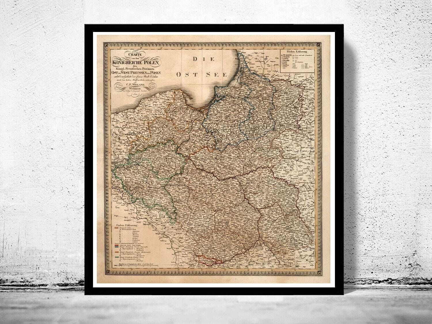Vecchia mappa della Polonia, mappa vintage del 1820 | Stampa artistica da parete con mappa vintage