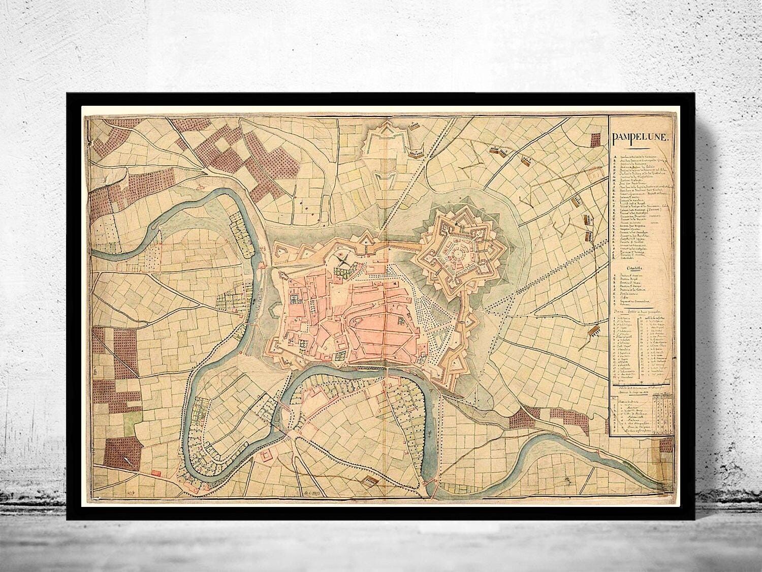 Vecchia mappa di Pamplona 1823 Spagna Espana Mapa de Pamplona | Stampa artistica da parete con mappa d'epoca