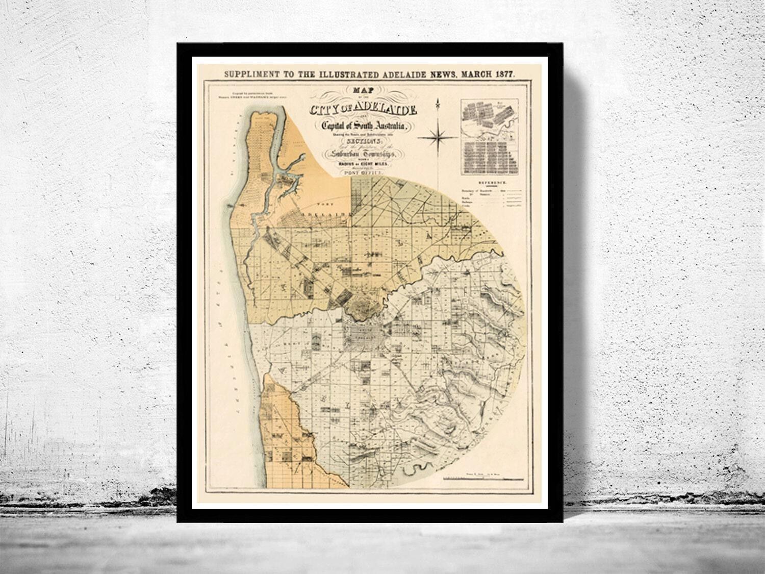 Old Map of Adelaide City Australia 1877 Vintage Map | Vintage Map Wall Art Print