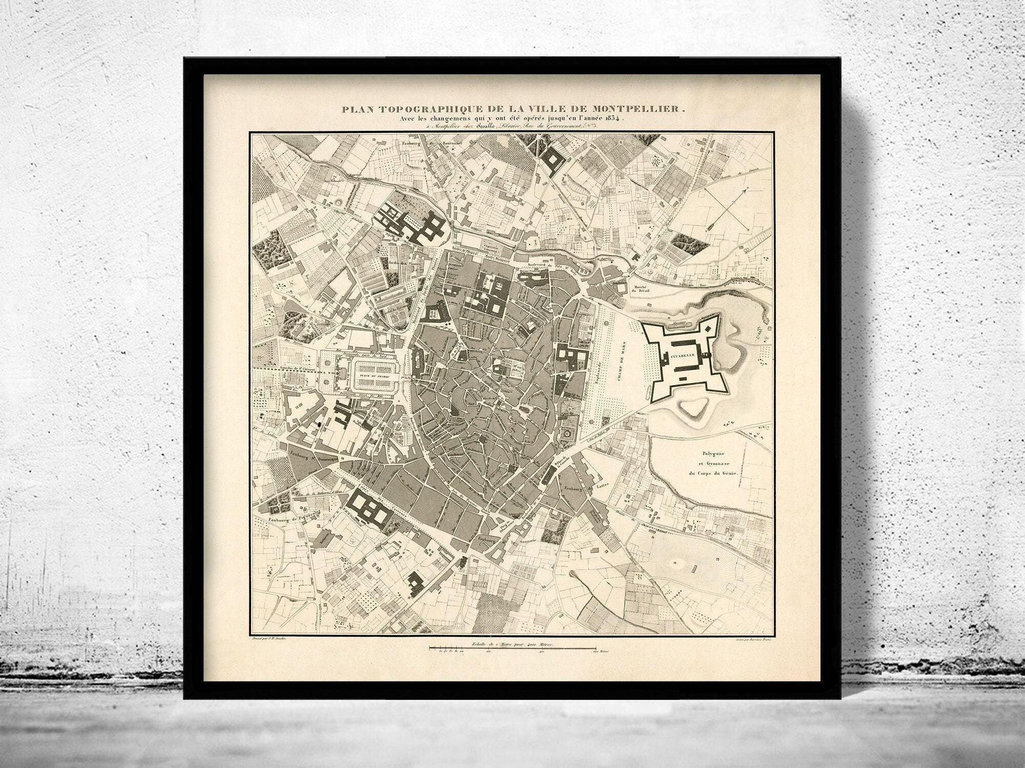 Old Map of Montpellier France 1834 Vintage Map | Vintage Map Wall Art Print