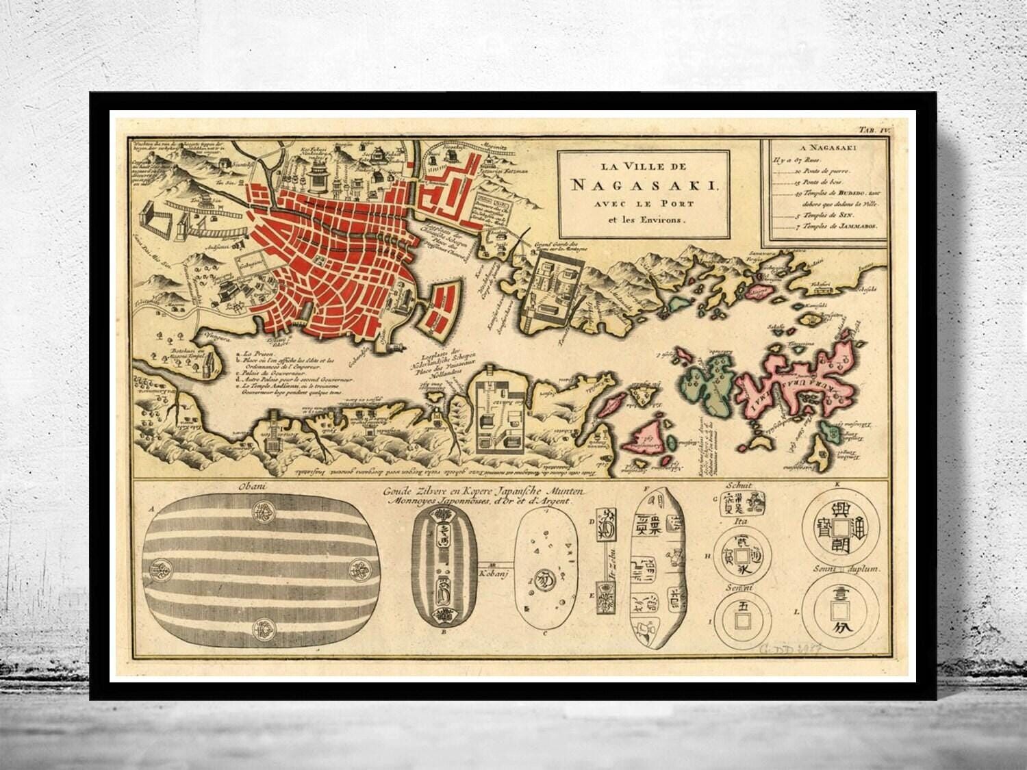 Old Map of Nagasaki 1750 Japan Vintage Map  | Vintage Map Wall Art Print