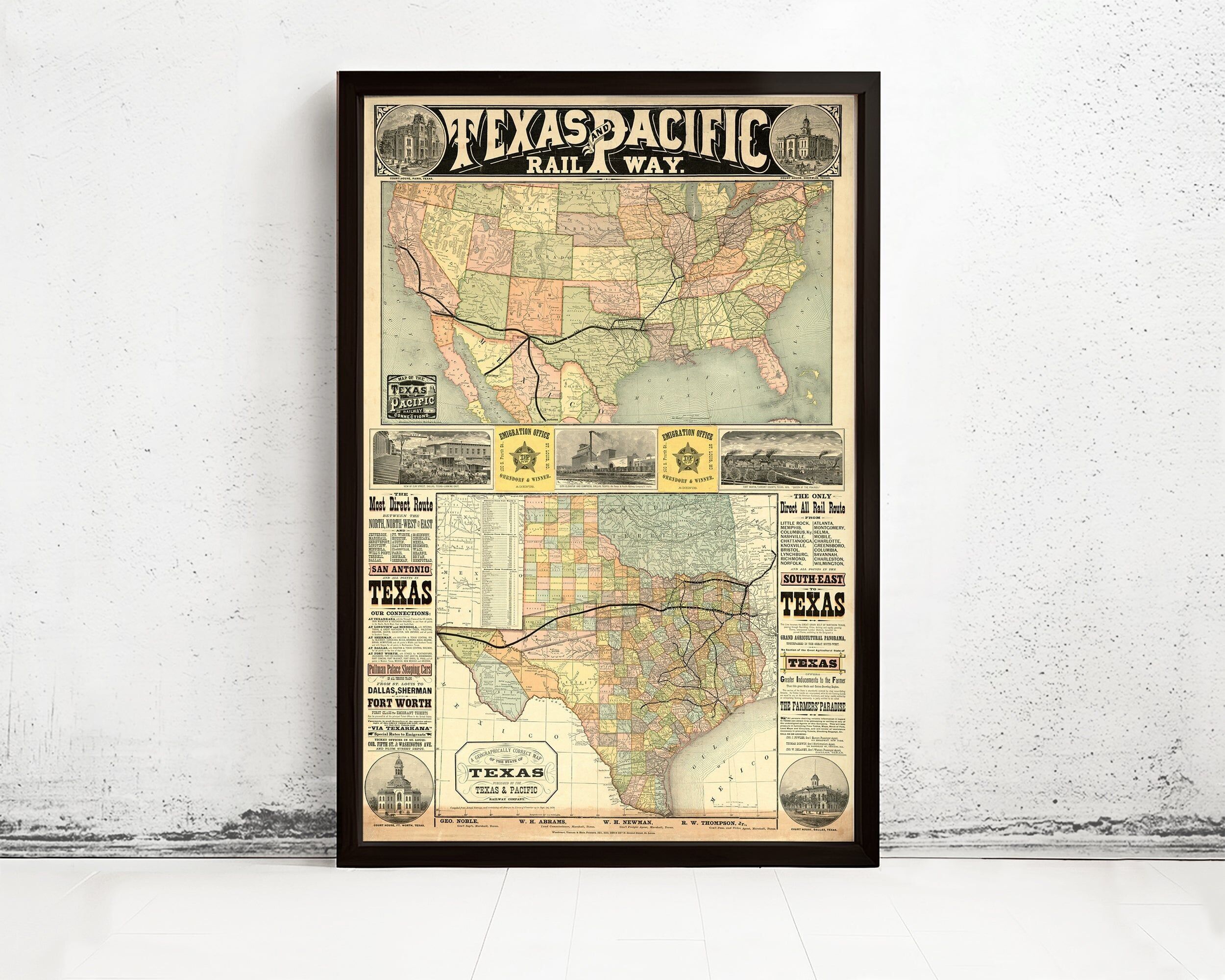 Old Map Texas Pacific Railway 1876 United States of America Vintage Map | Vintage Map Wall Art Print | Large Map Print
