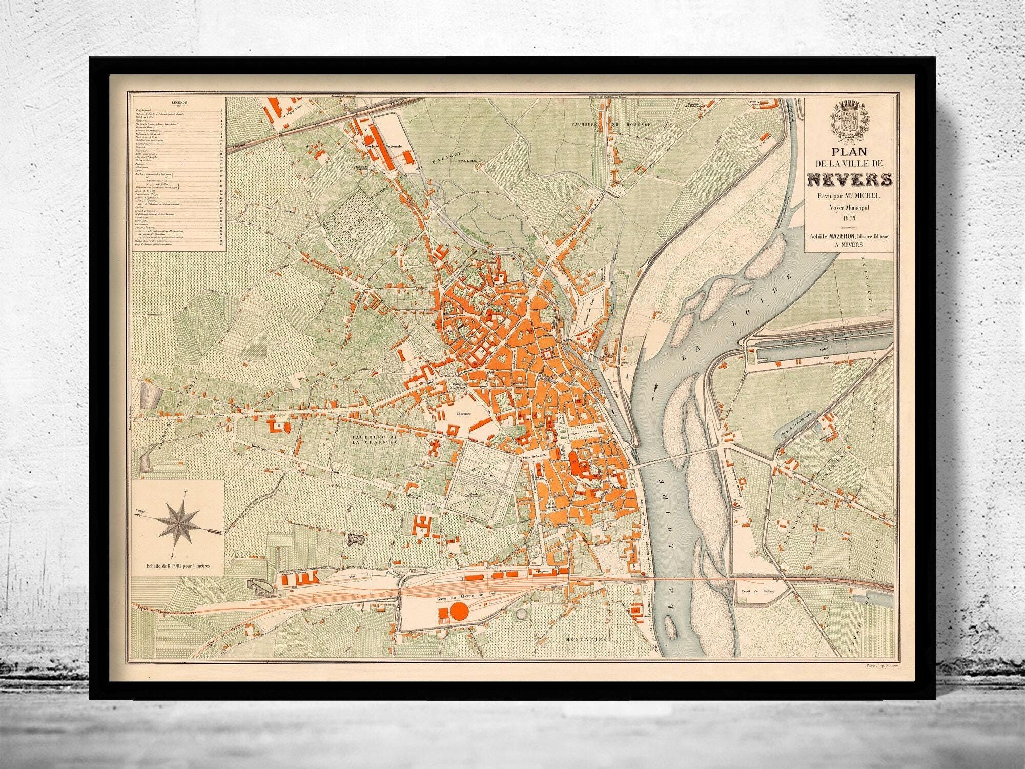 Old Map of Nevers France 1878 Vintage Map | Vintage Map Wall Art Print