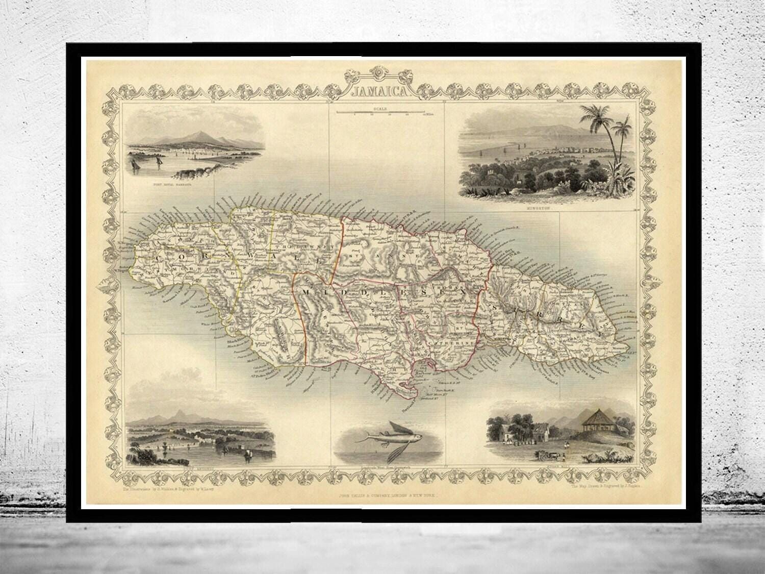 Old Map of Jamaica 1851 Vintage Map | Vintage Map Wall Art Print