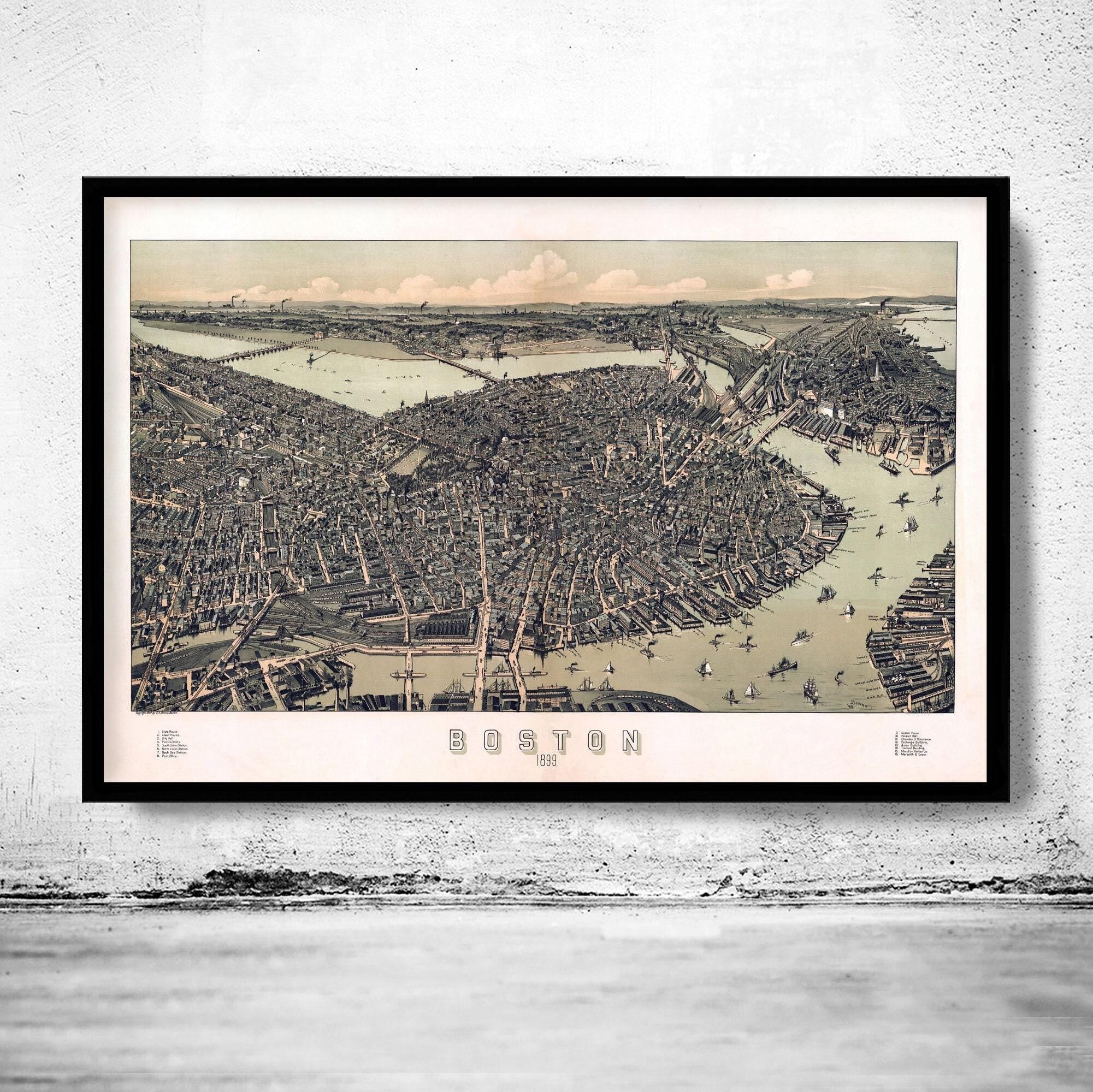 Old Map of Boston Panoramic View Massachusetts 1899 Vintage Map | Vintage Map Wall Art Print