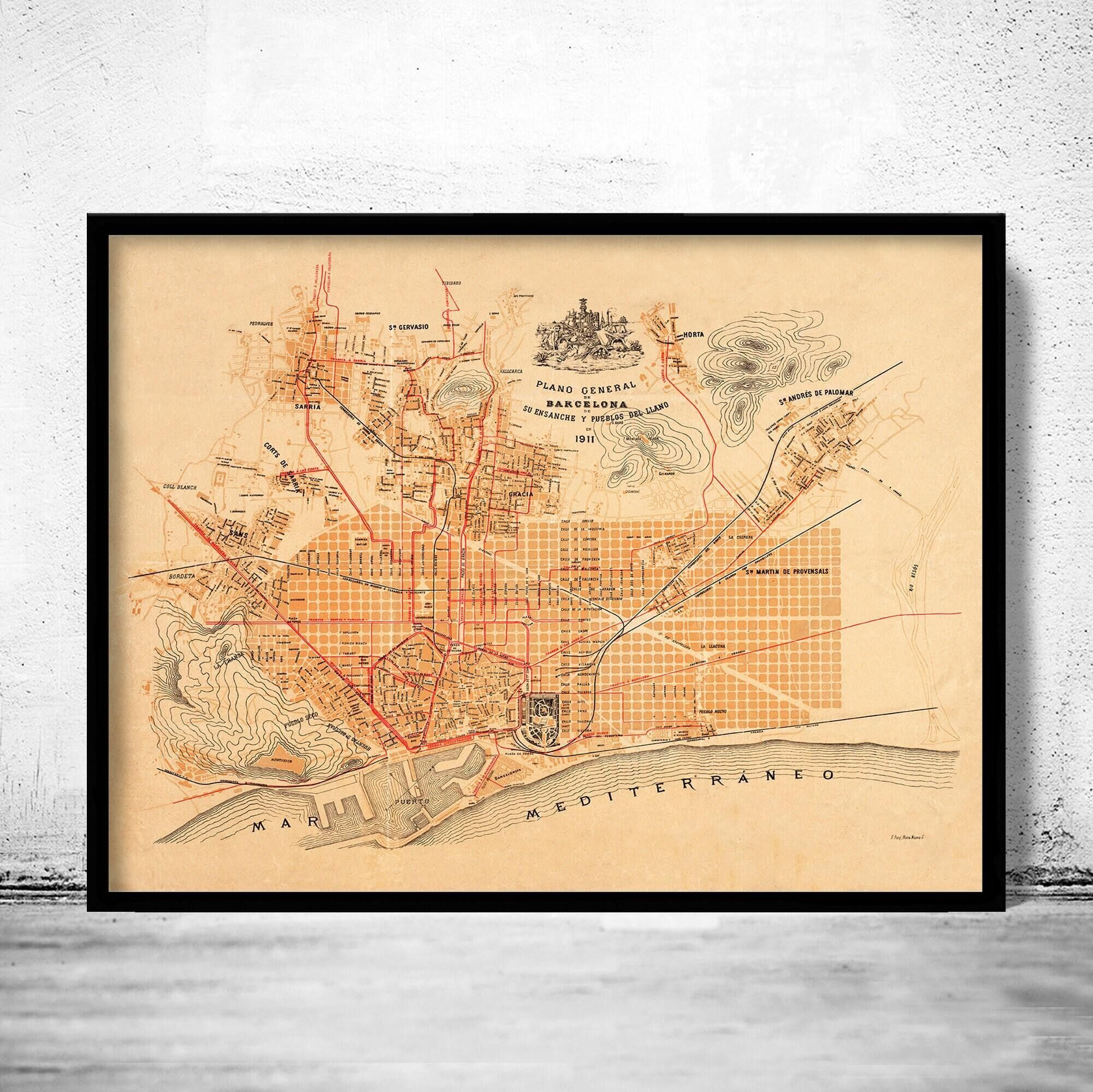 Old Map of Barcelona Catalunya 1911 Vintage Map | Vintage Map Wall Art Print