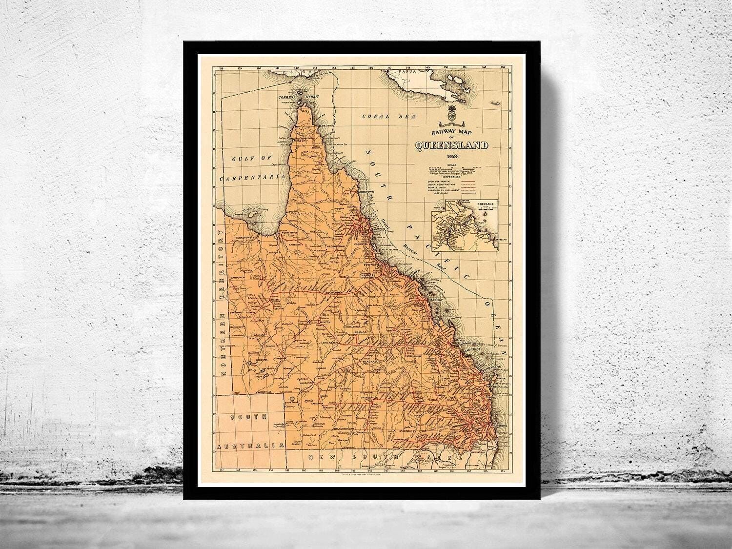 Old Map of Queensland Australia 1939 Vintage Map | Vintage Map Wall Art Print