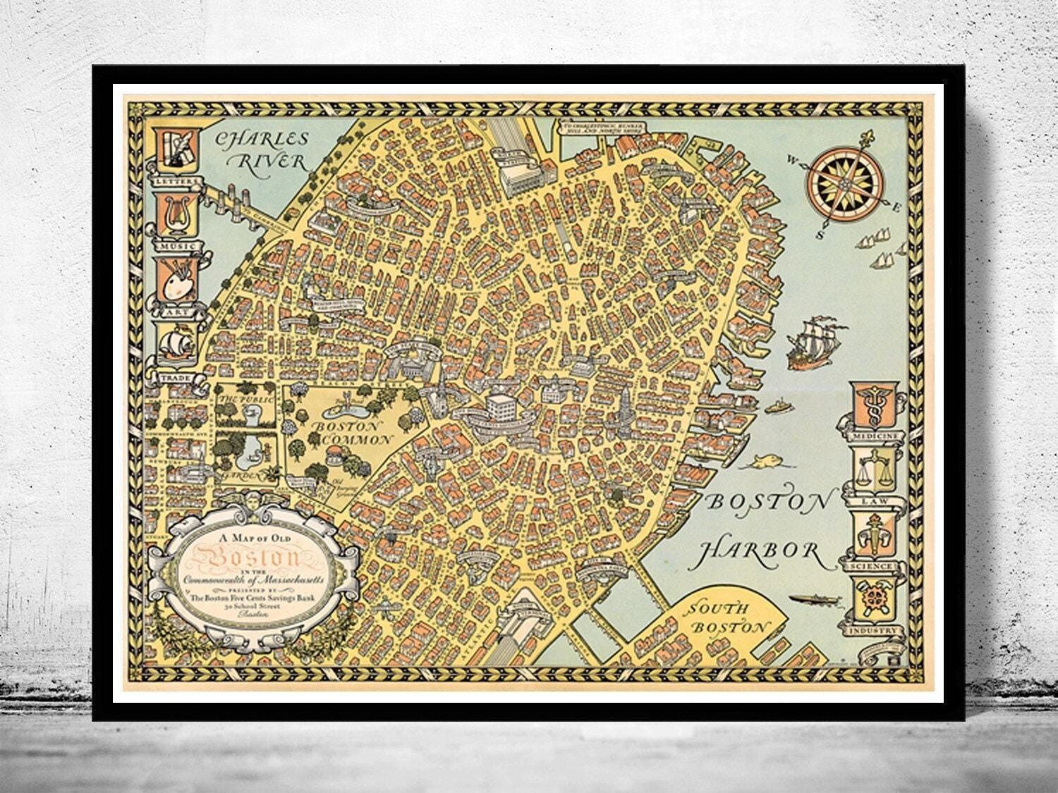 Old Map of Boston 1929 Massachusetts Pictorial Map Vintage Map | Vintage Map Wall Art Print