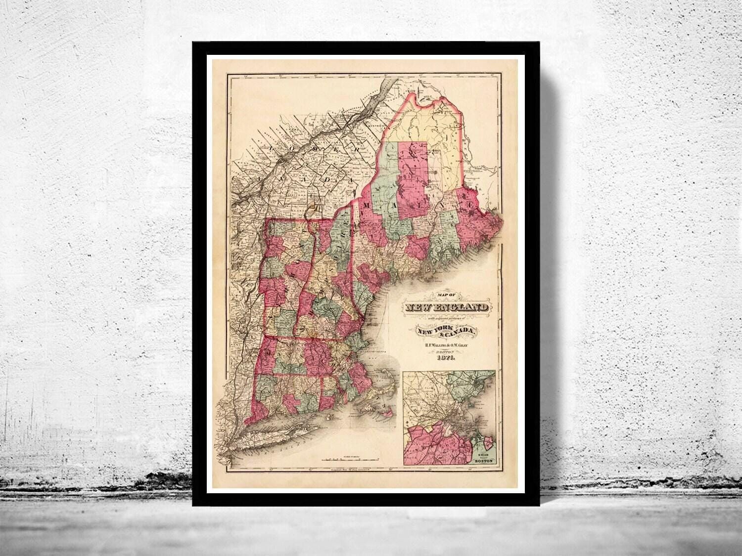 Old Map of New England State 1871 Vintage Map | Vintage Map Wall Art Print