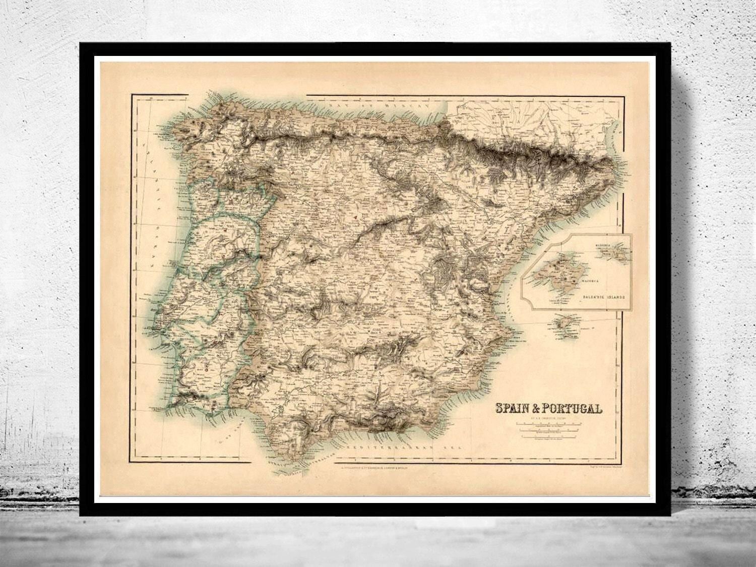 Old Map of Spain 1860 vintage Map of Spain | Vintage Map Wall Art Print