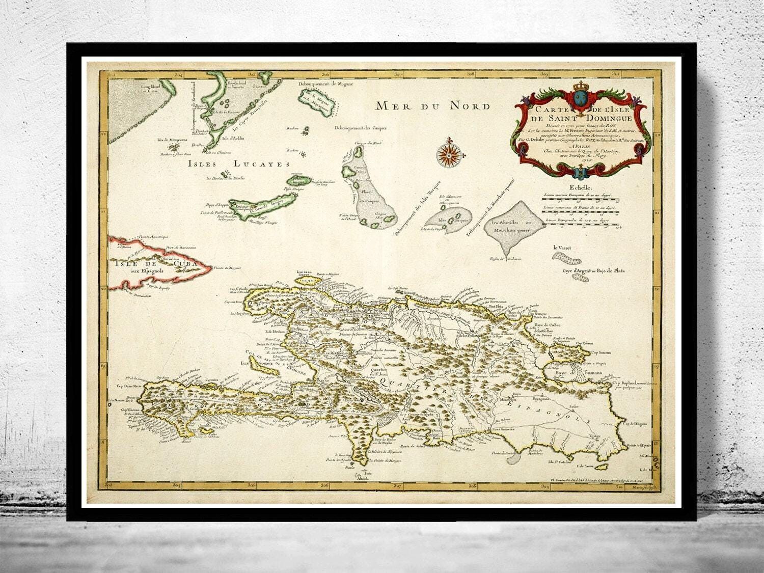Old Map of Haiti and Dominican Republic 1725  | Vintage Map Wall Art Print
