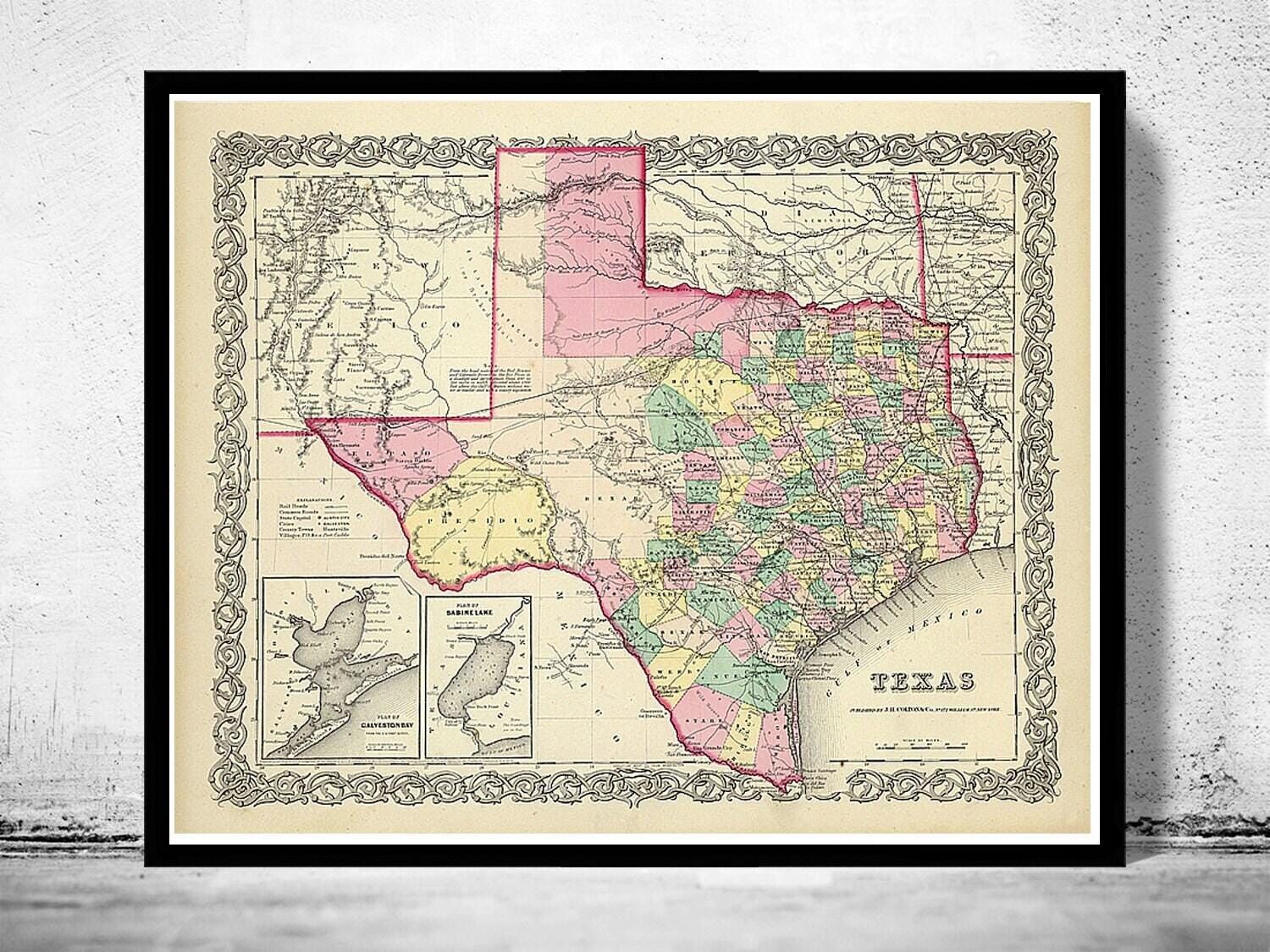 Old Map Texas 1856 United States of America Wall Map Print