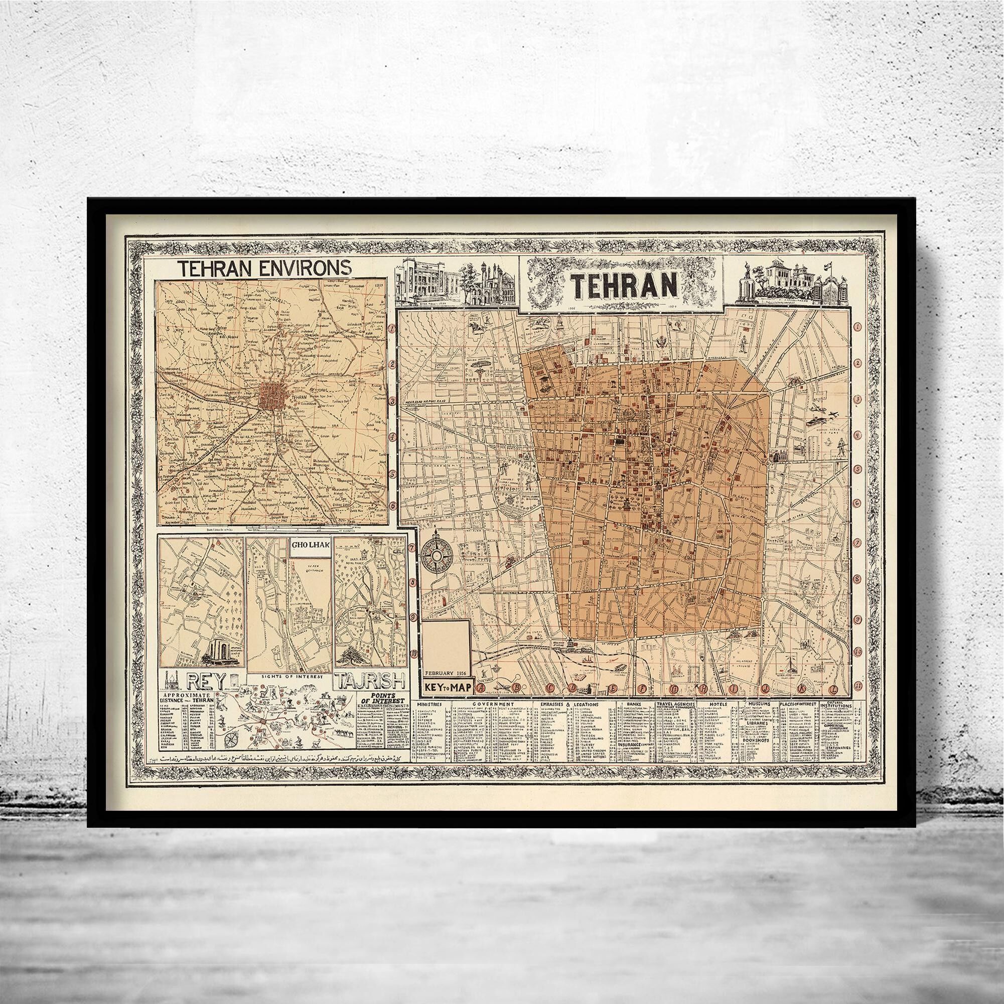 Old Map of Tehran Iran Vintage Map Tehran | Vintage Map Wall Art Print
