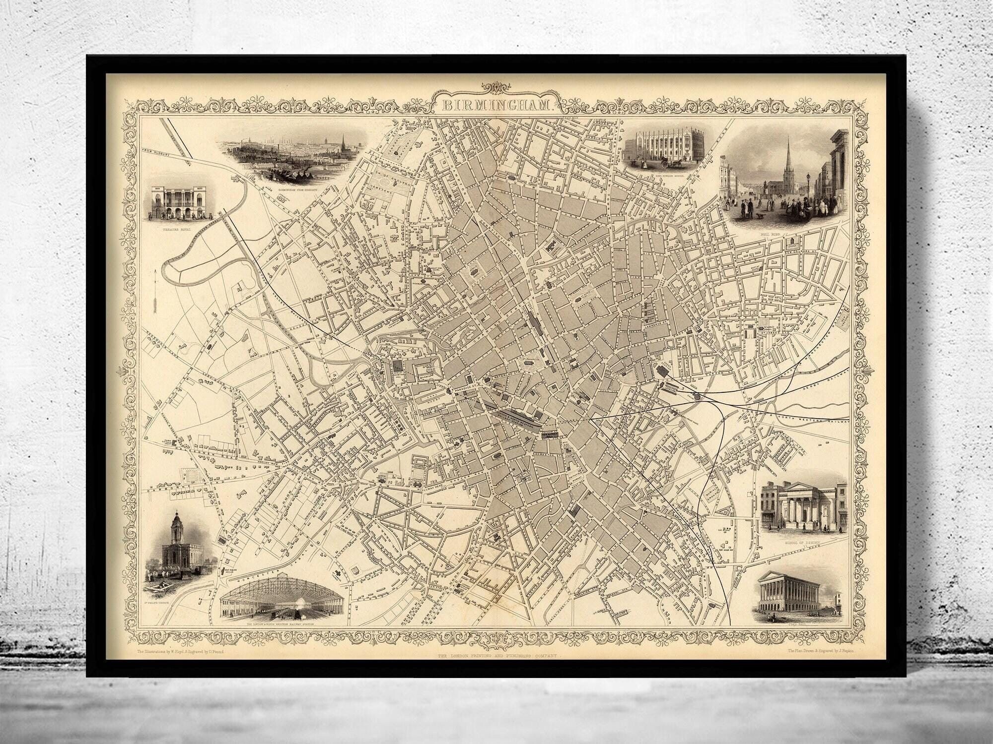 Old Map of Birmingham  United Kingdom 1851 Vintage Map | Vintage Map Wall Art Print