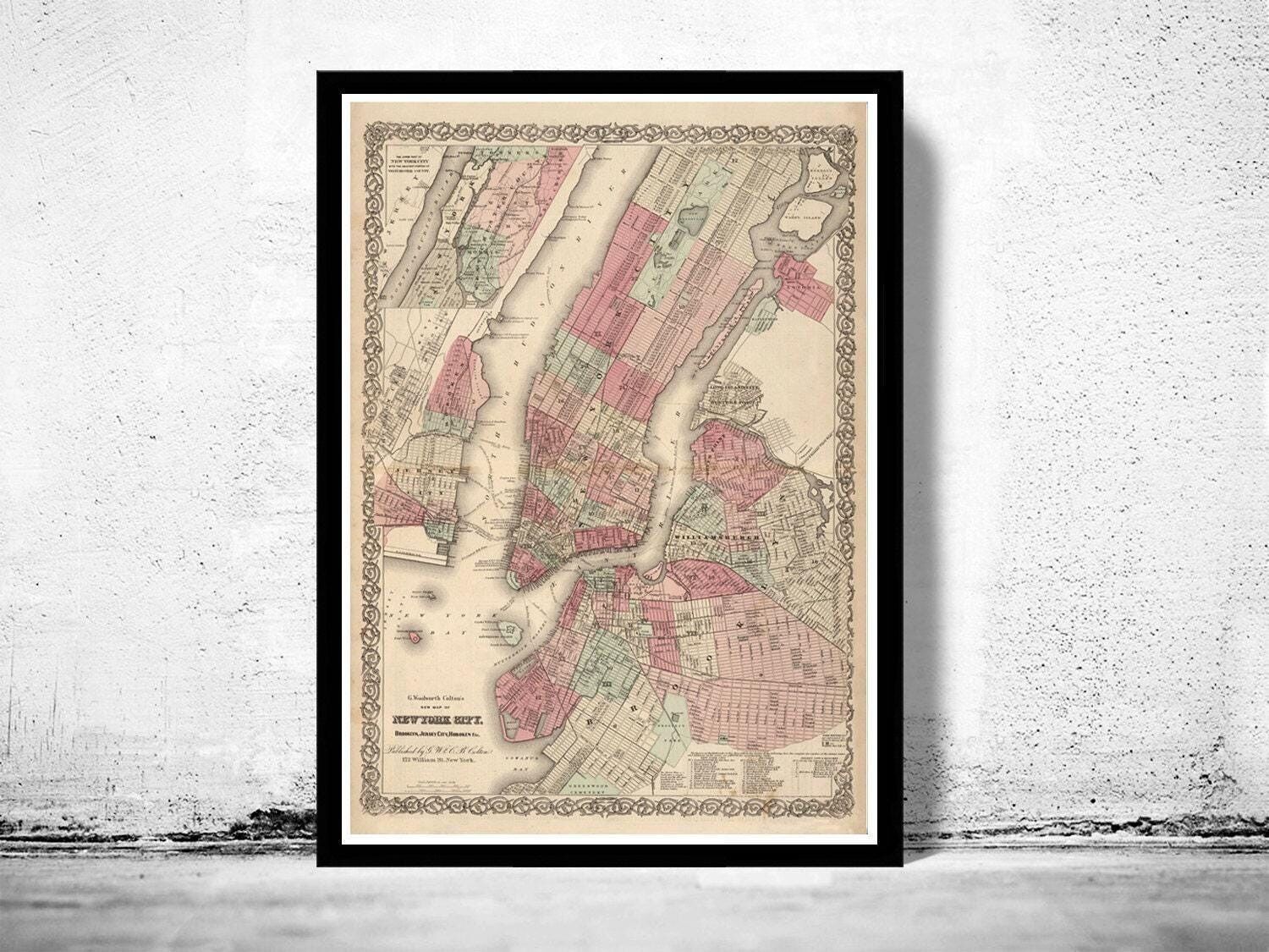 Old New York map 1866 Manhattan Vintage Map  | Vintage Map Wall Art Print