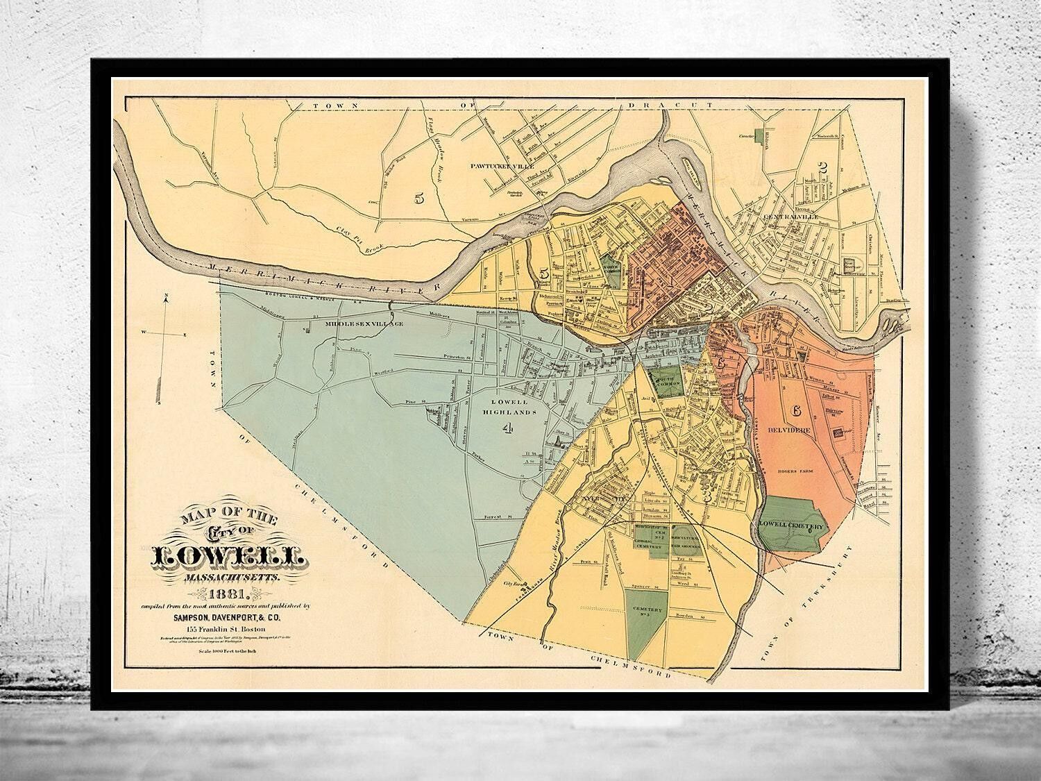 Old Map of Lowell Massachusetts 1881 Vintage Map | Vintage Map Wall Art Print