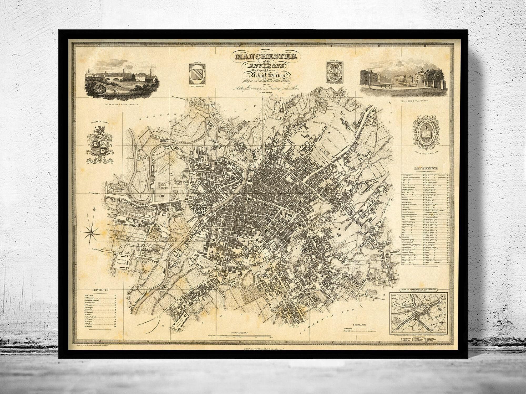 Old Map of Manchester City 1824 Vintage Map | Vintage Map Wall Art Print