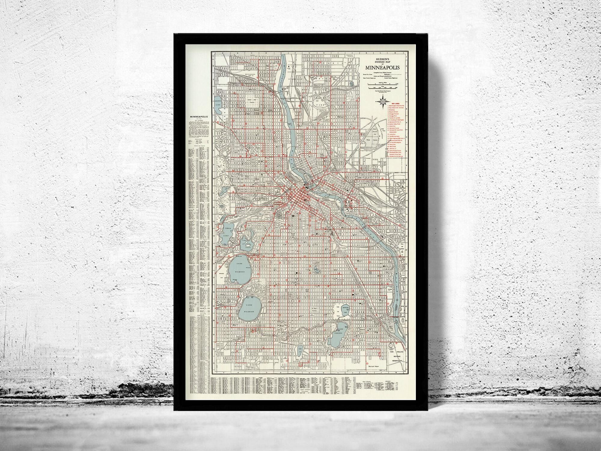 Old Map of Minneapolis 1945 Vintage Map | Vintage Map Wall Art Print