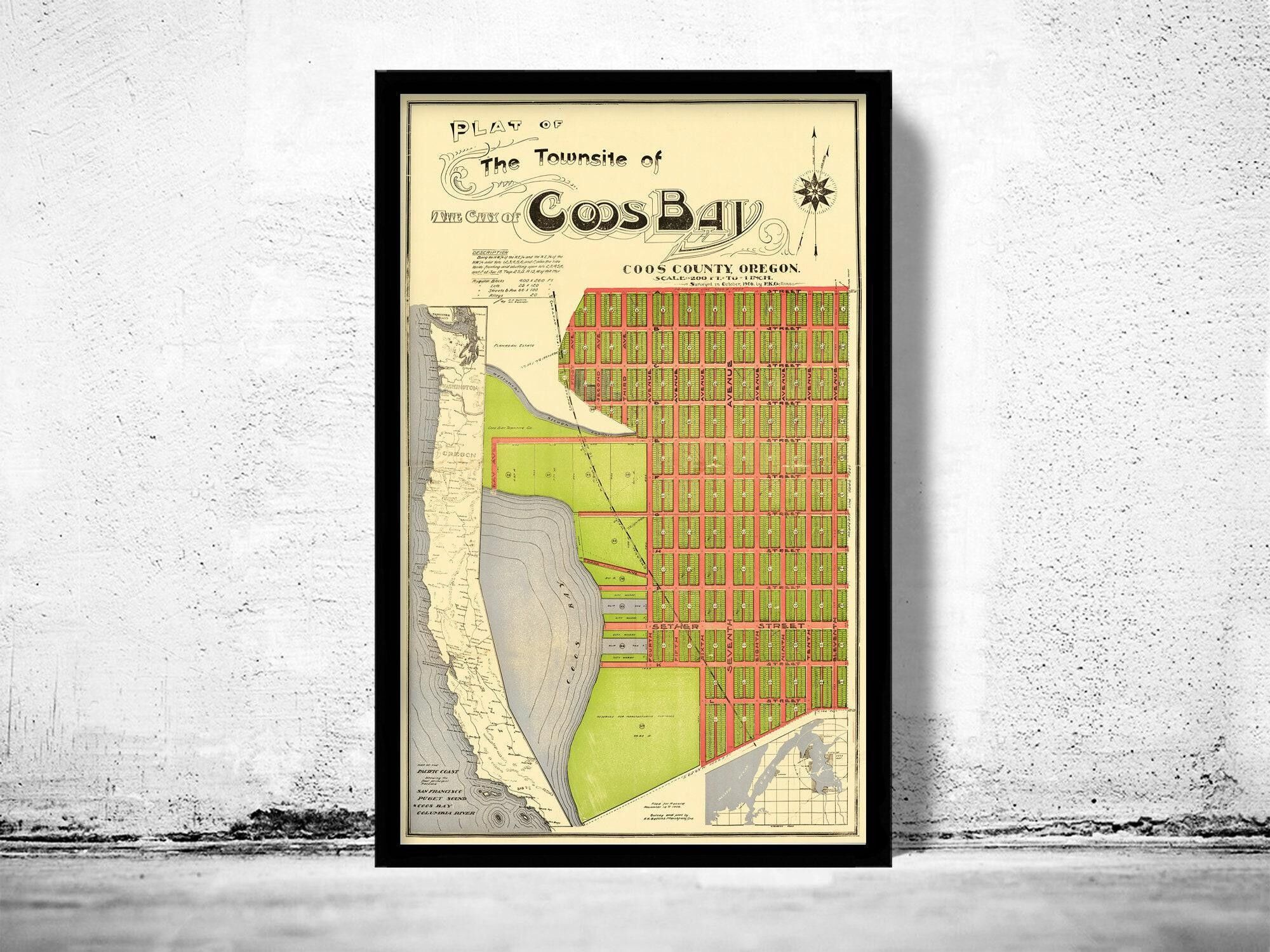 Old Map of Coos Bay Oregon 1906 Vintage Map | Vintage Map Wall Art Print