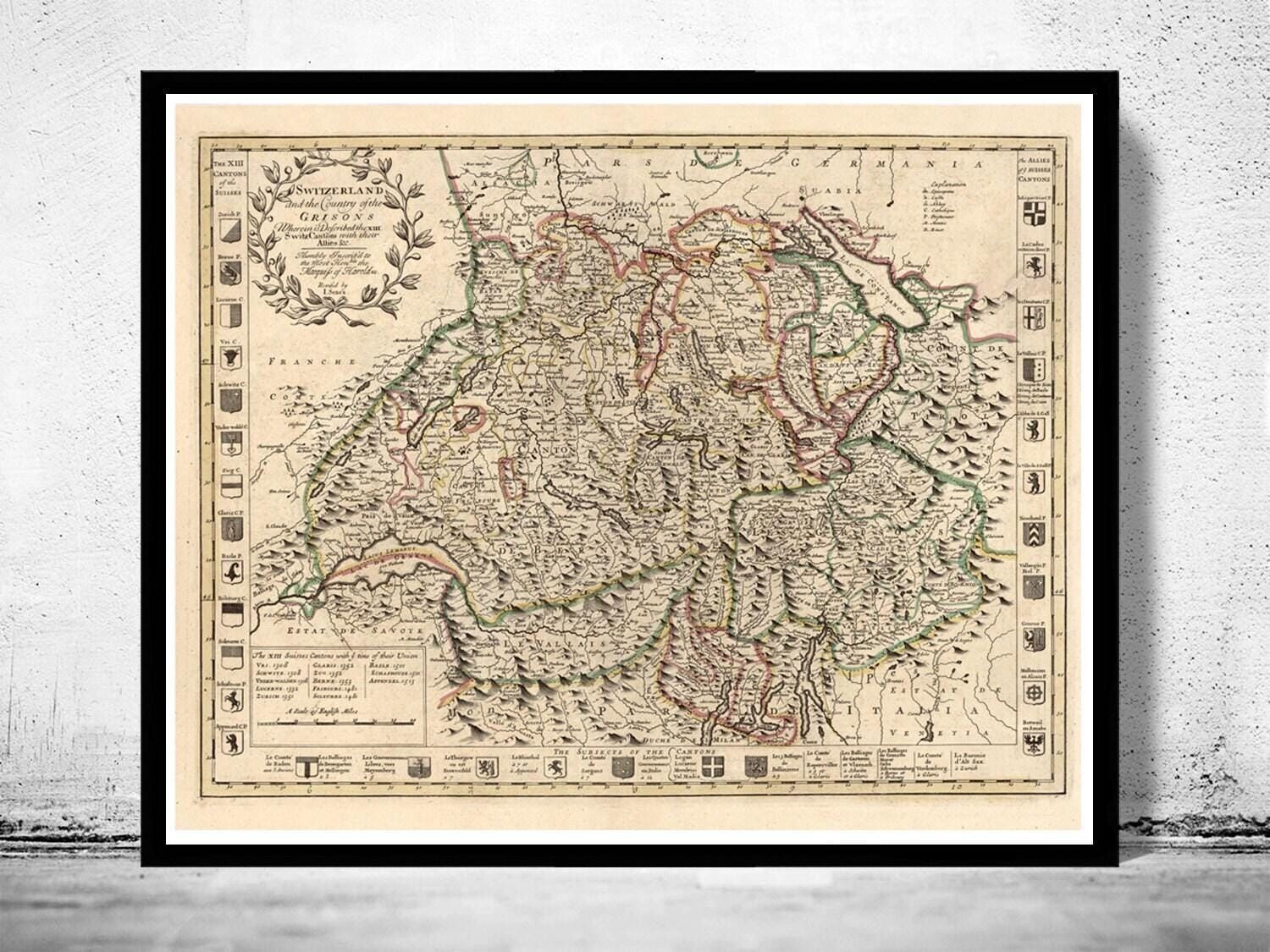 Old Map of Switzerland 1721 Vintage Map | Vintage Map Wall Art Print