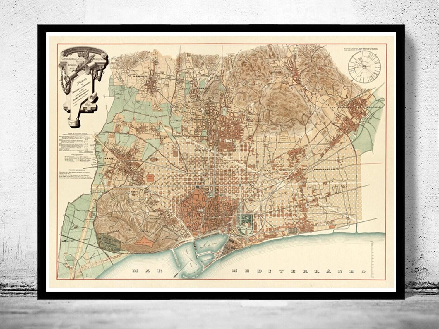 Old Map of Barcelona Spain Cataluña 1890 Vintage map of Barcelona  | Vintage Map Wall Art Print