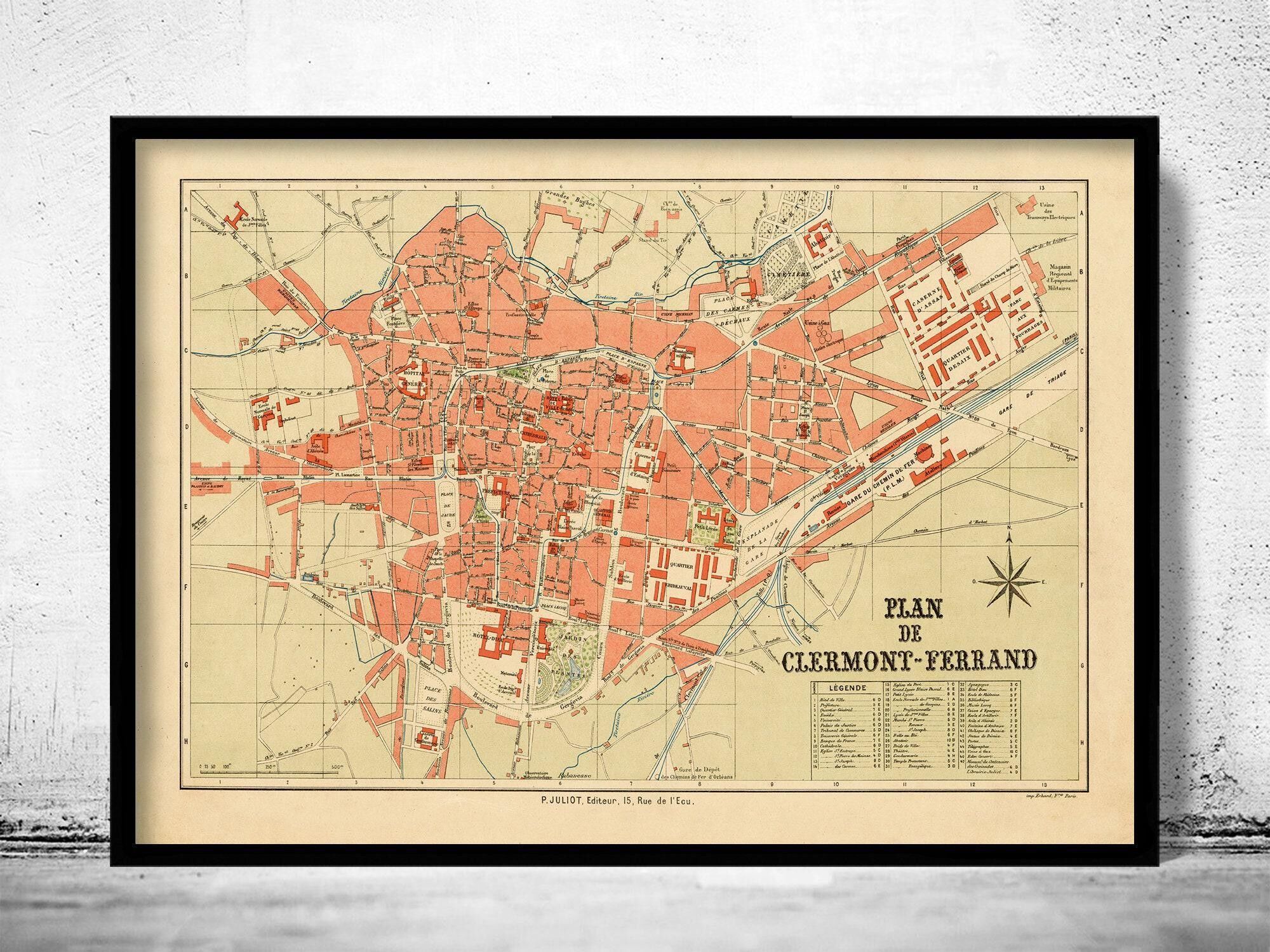 Old Map of Clermont Ferrand 1893 France Vintage Map | Vintage Map Wall Art Print