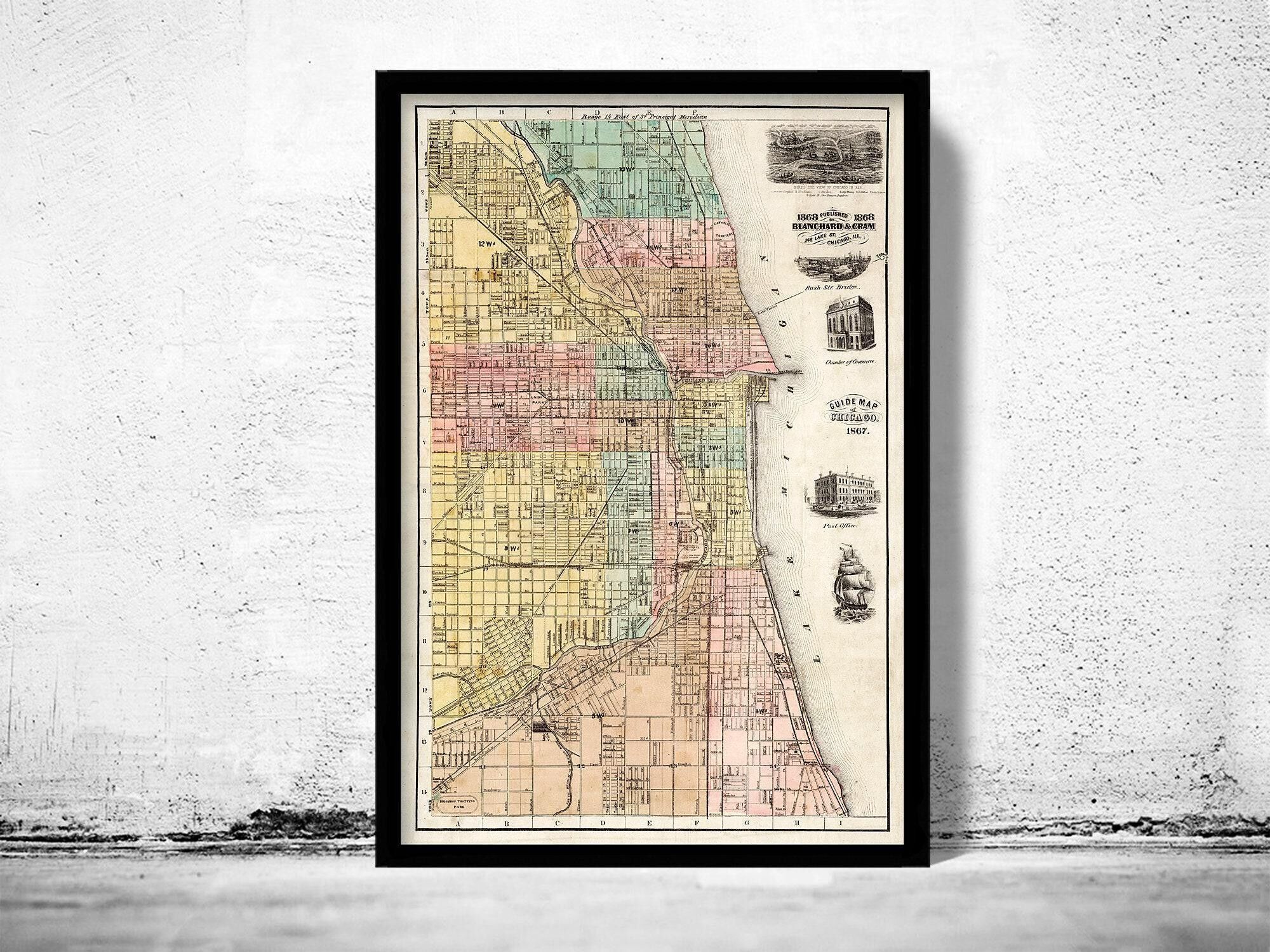 Old map of Chicago 1867 Vintage Map | Vintage Map Wall Art Print