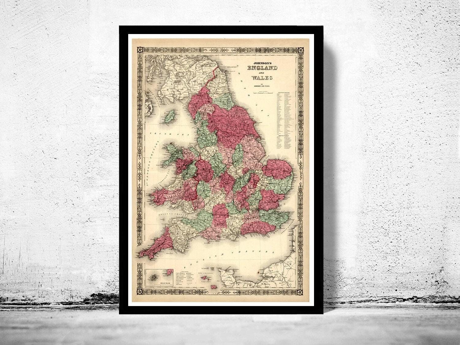 Old Map of England and Wales 1865 Vintage Map | Vintage Map Wall Art Print