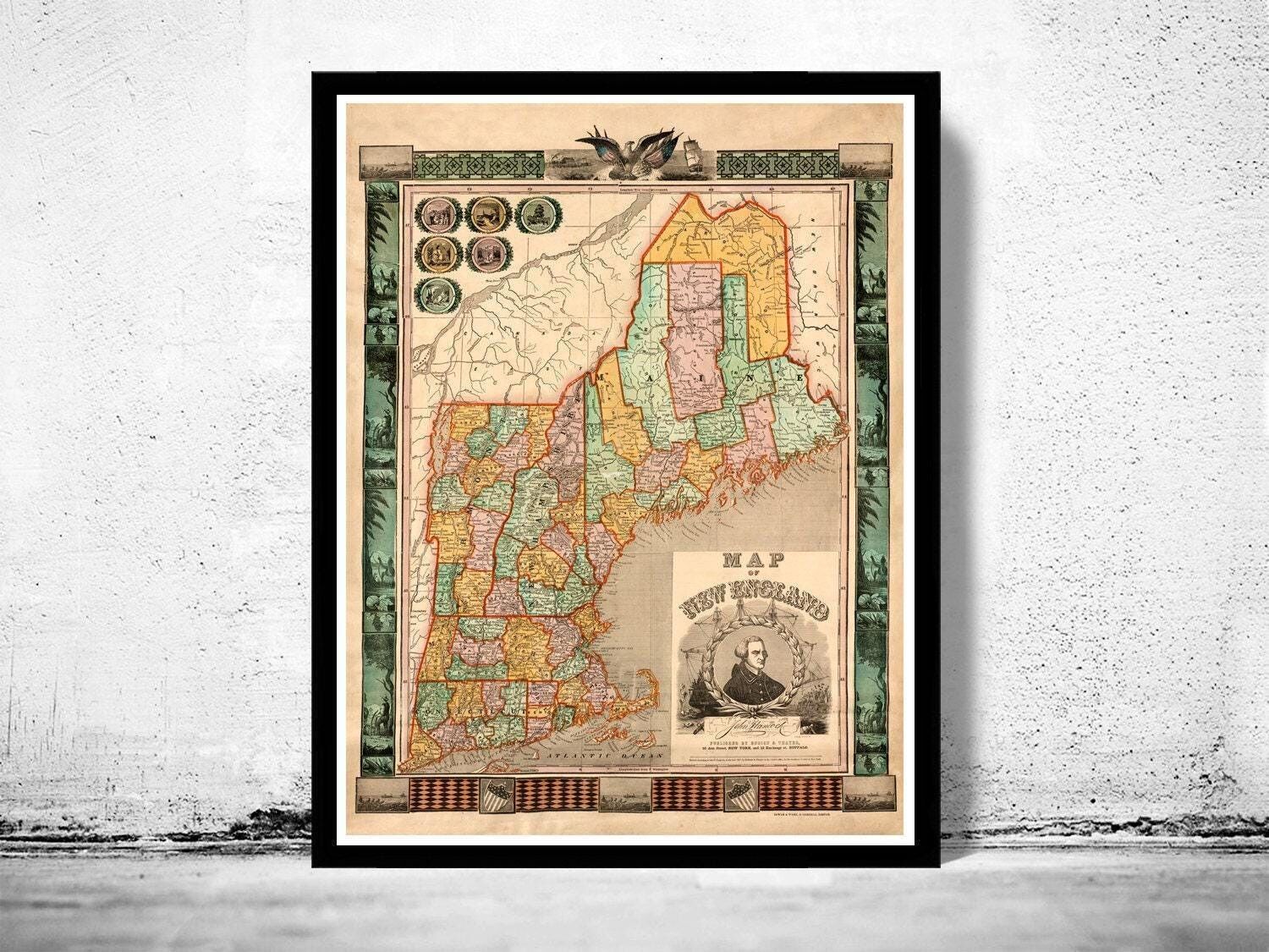 Old Map of New England 1847 Vintage Map of New England Vintage Map | Vintage Map Wall Art Print