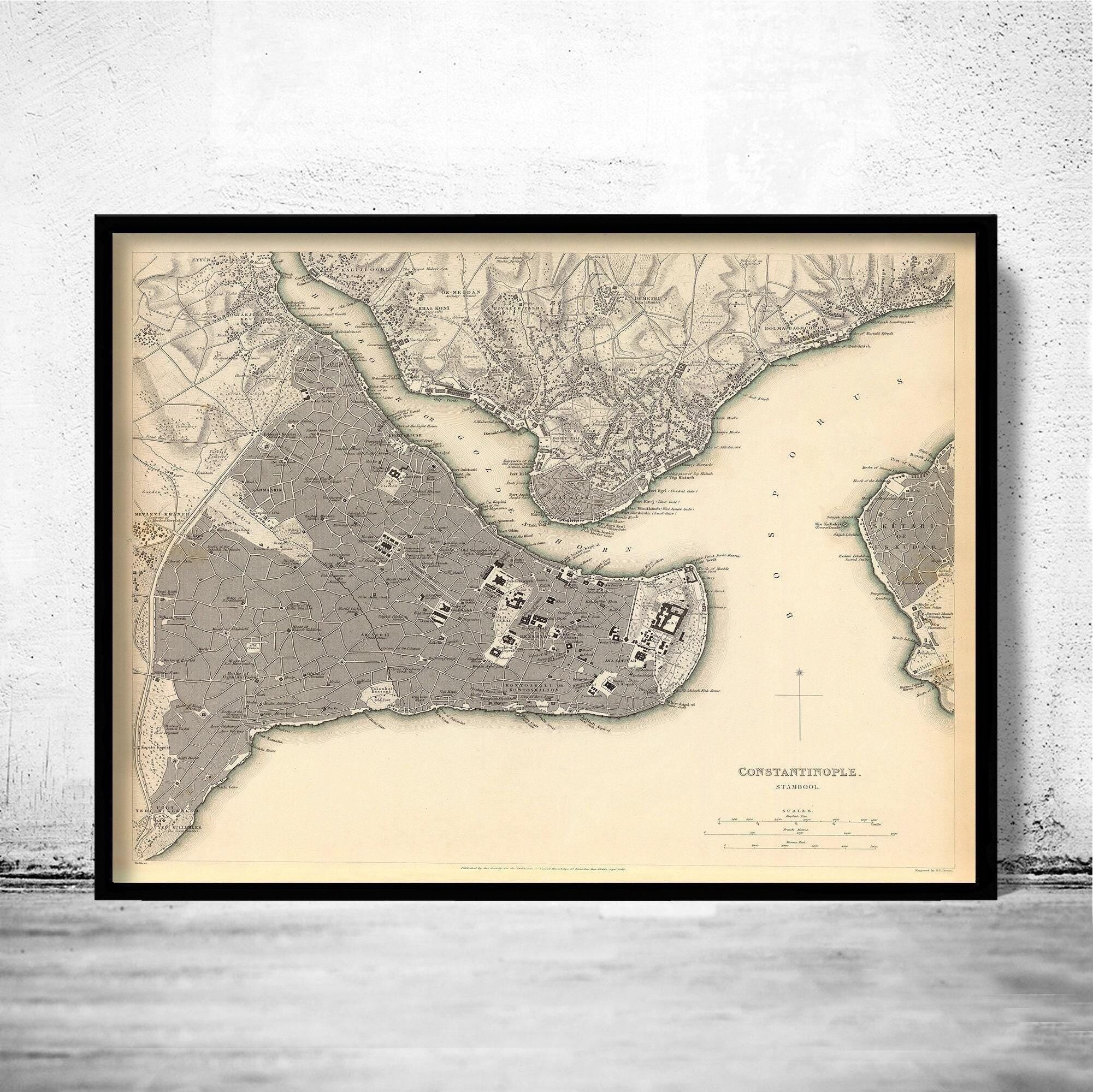 Old Map of Istanbul Constantinople Turkey 1840 Vintage map | Vintage Map Wall Art Print