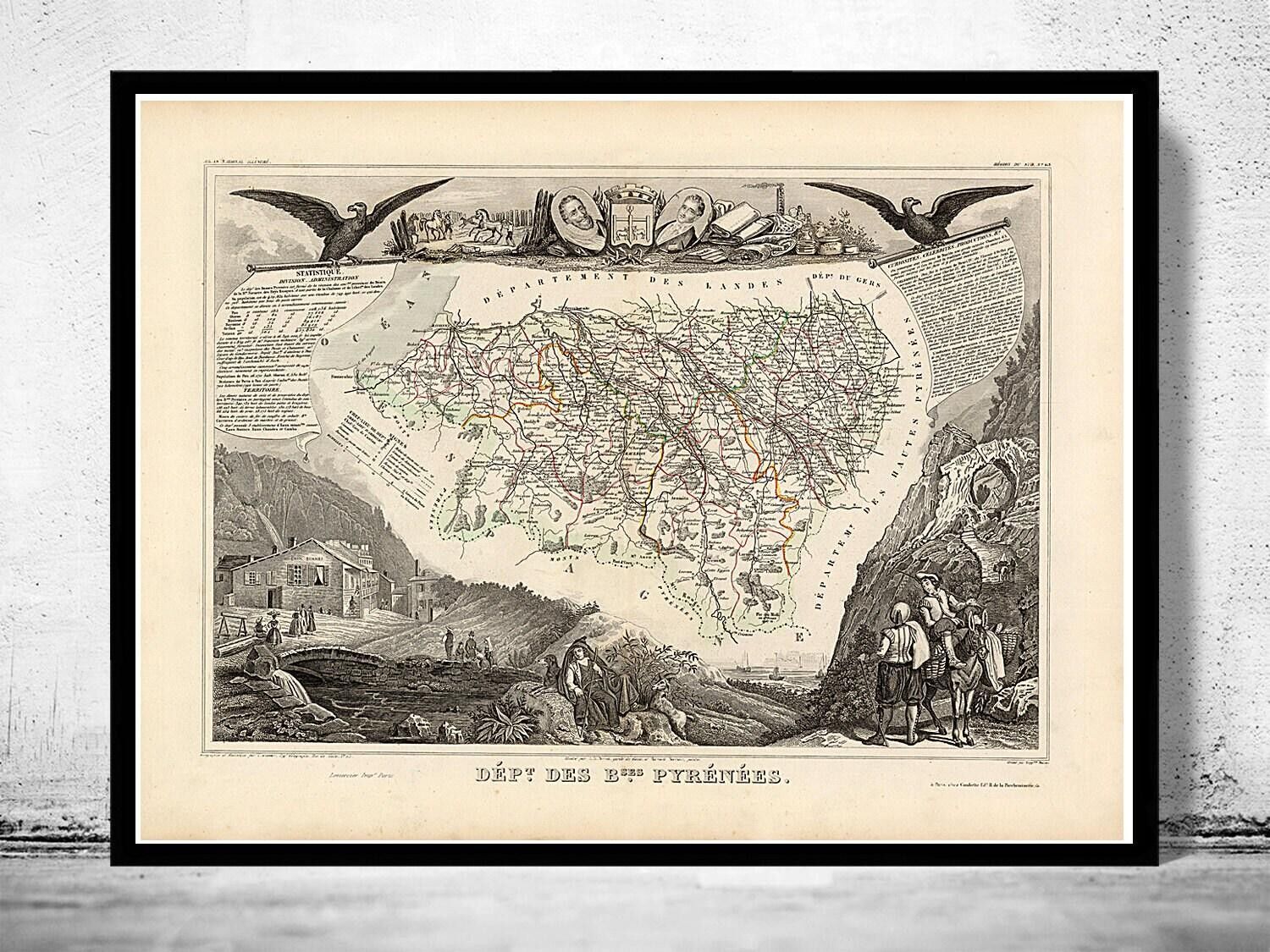 Old Map of Pyrenees Pirineus 1845 Vintage Map | Vintage Map Wall Art Print