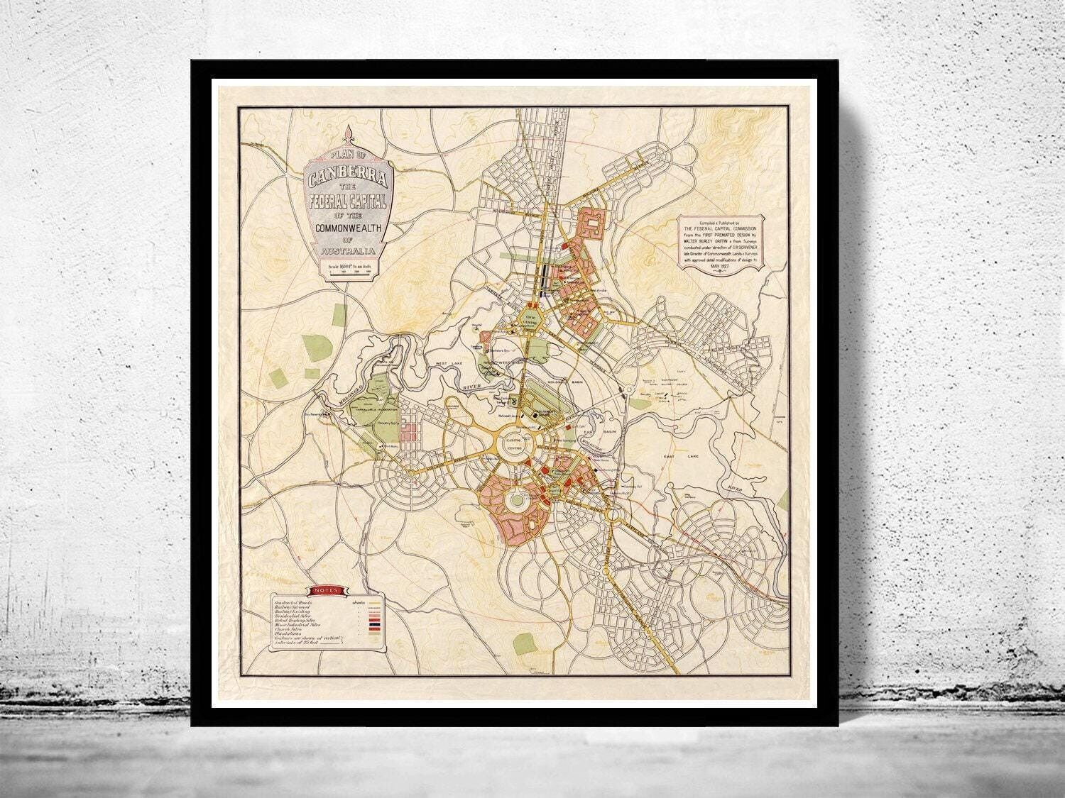 Old Map of Canberra City Australia 1927 vintage Map | Vintage Map Wall Art Print