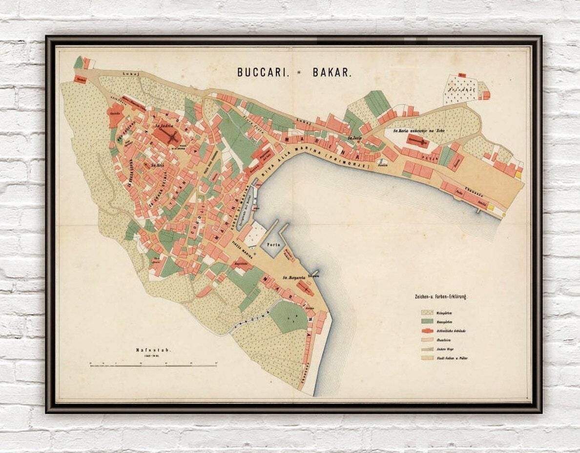 Old Map of Bakar 1861 Croatia Vintage Map | Vintage Map Wall Art Print
