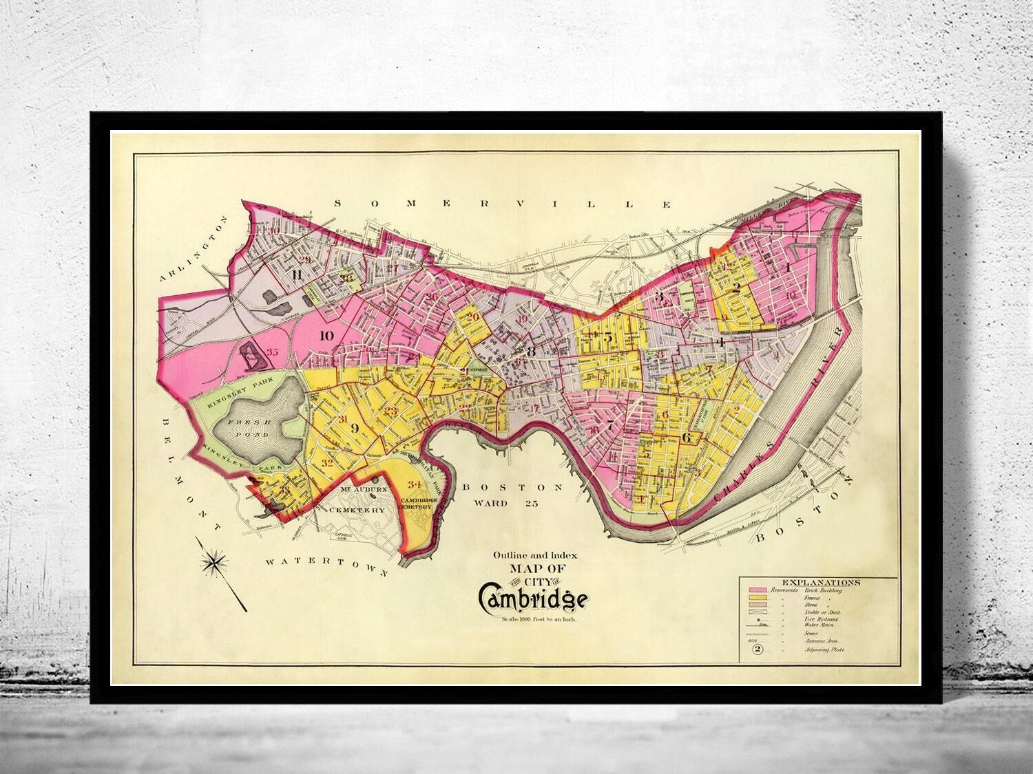 Old Map of Cambridge Massachusetts 1890 Vintage Map  | Vintage Map Wall Art Print