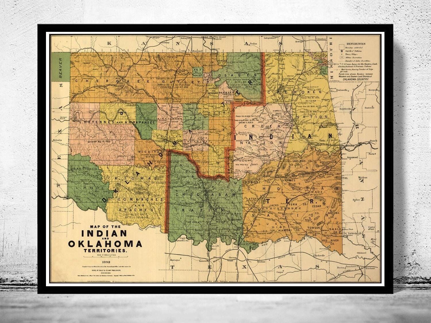 Old Map of Oklahoma Indian Territory 1892 Vintage Map | Vintage Map Wall Art Print