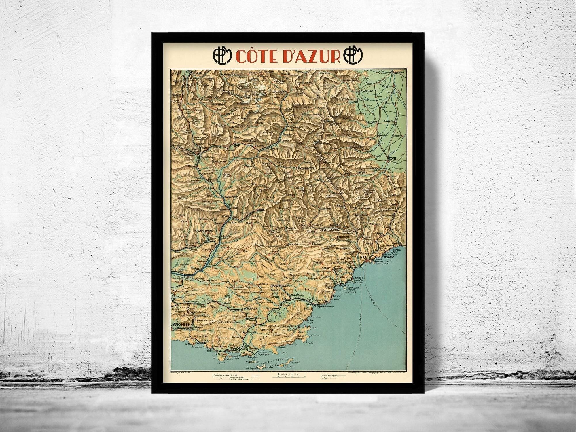 Old Map of Cote D Azur France 1928 Vintage Map  | Vintage Map Wall Art Print