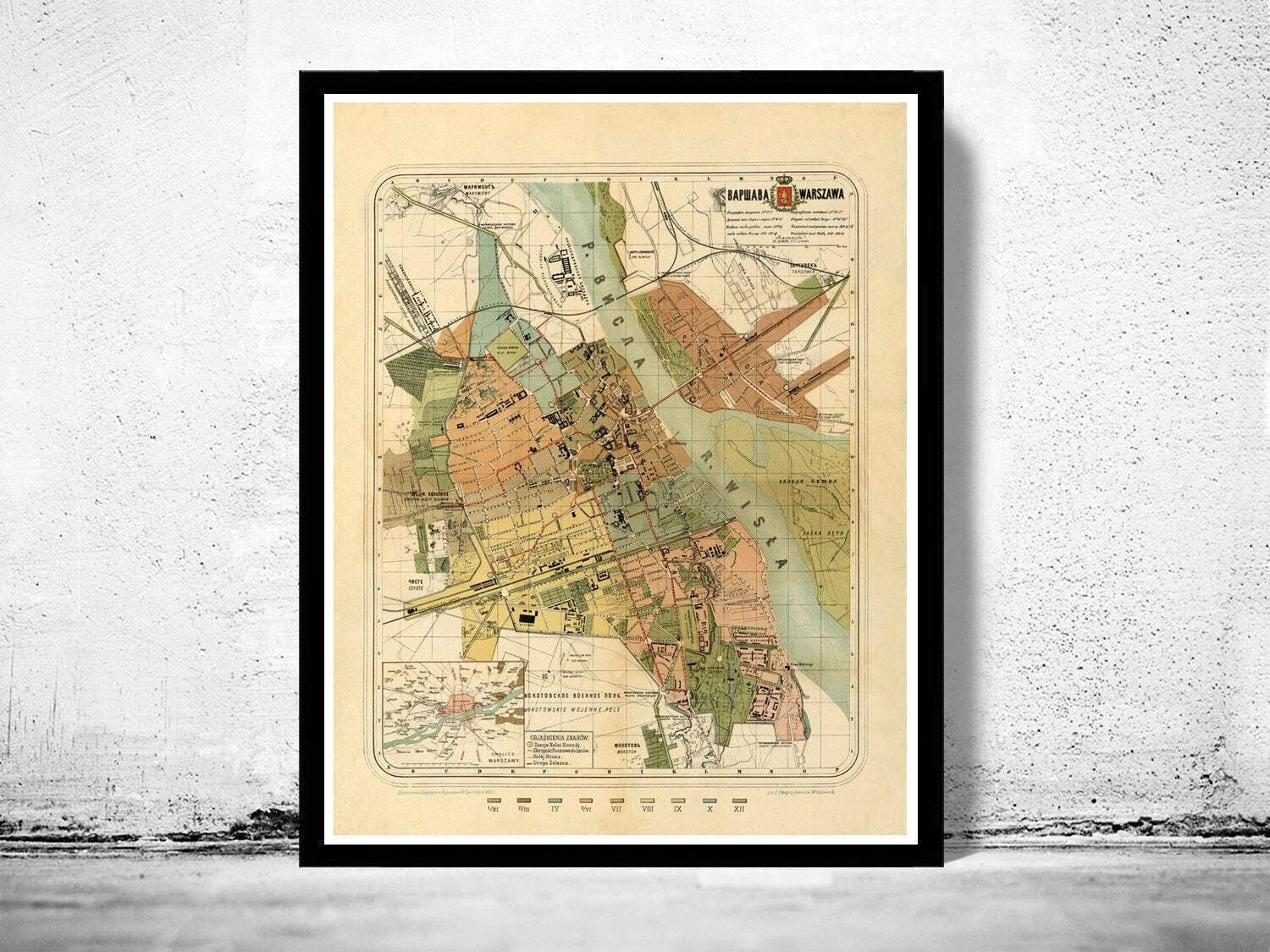Old Map of Warsaw 1885 Poland Vintage Map | Vintage Map Wall Art Print