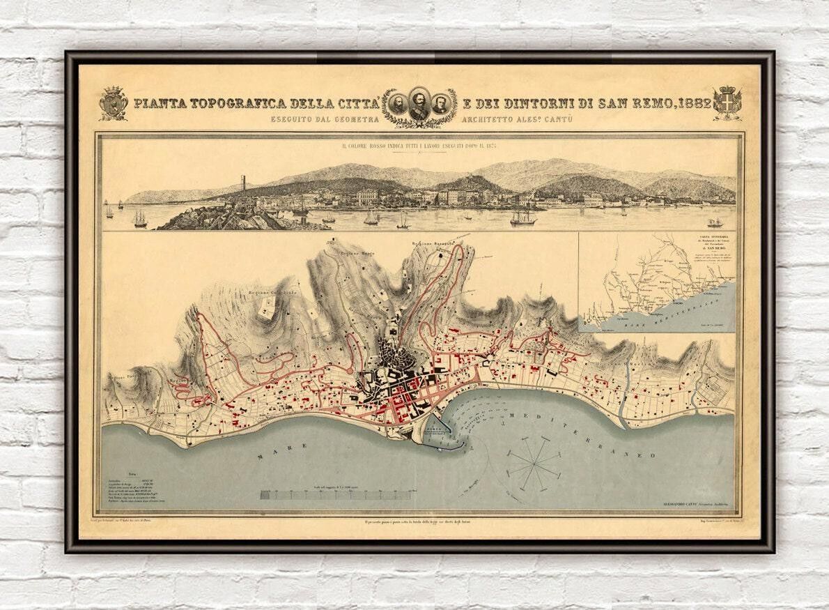 Old Map of San Remo 1882 SanRemo Italy Vintage Map | Vintage Map Wall Art Print