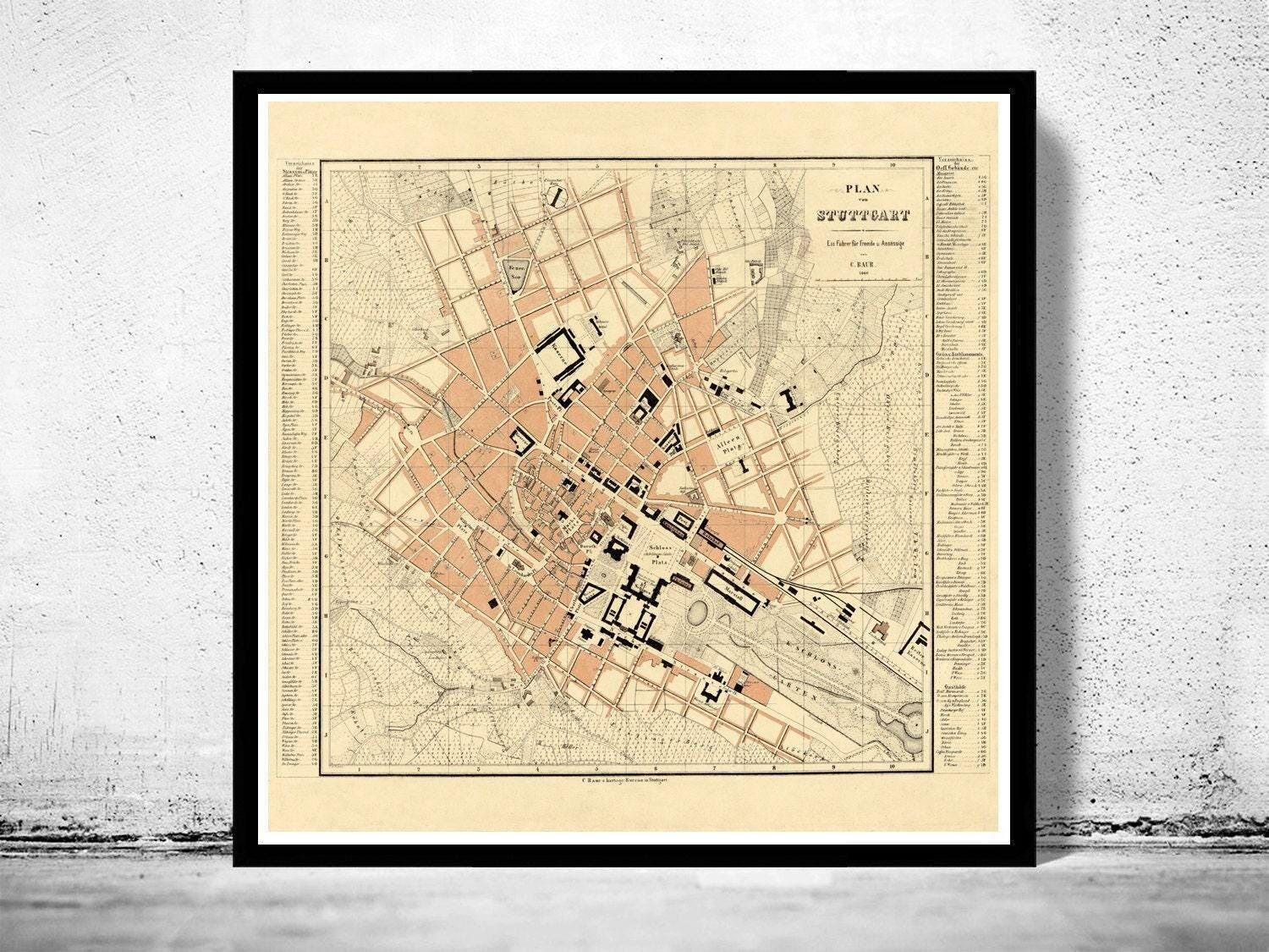 Old Map of Stuttgart Germany 1860 Vintage Map | Vintage Map Wall Art Print
