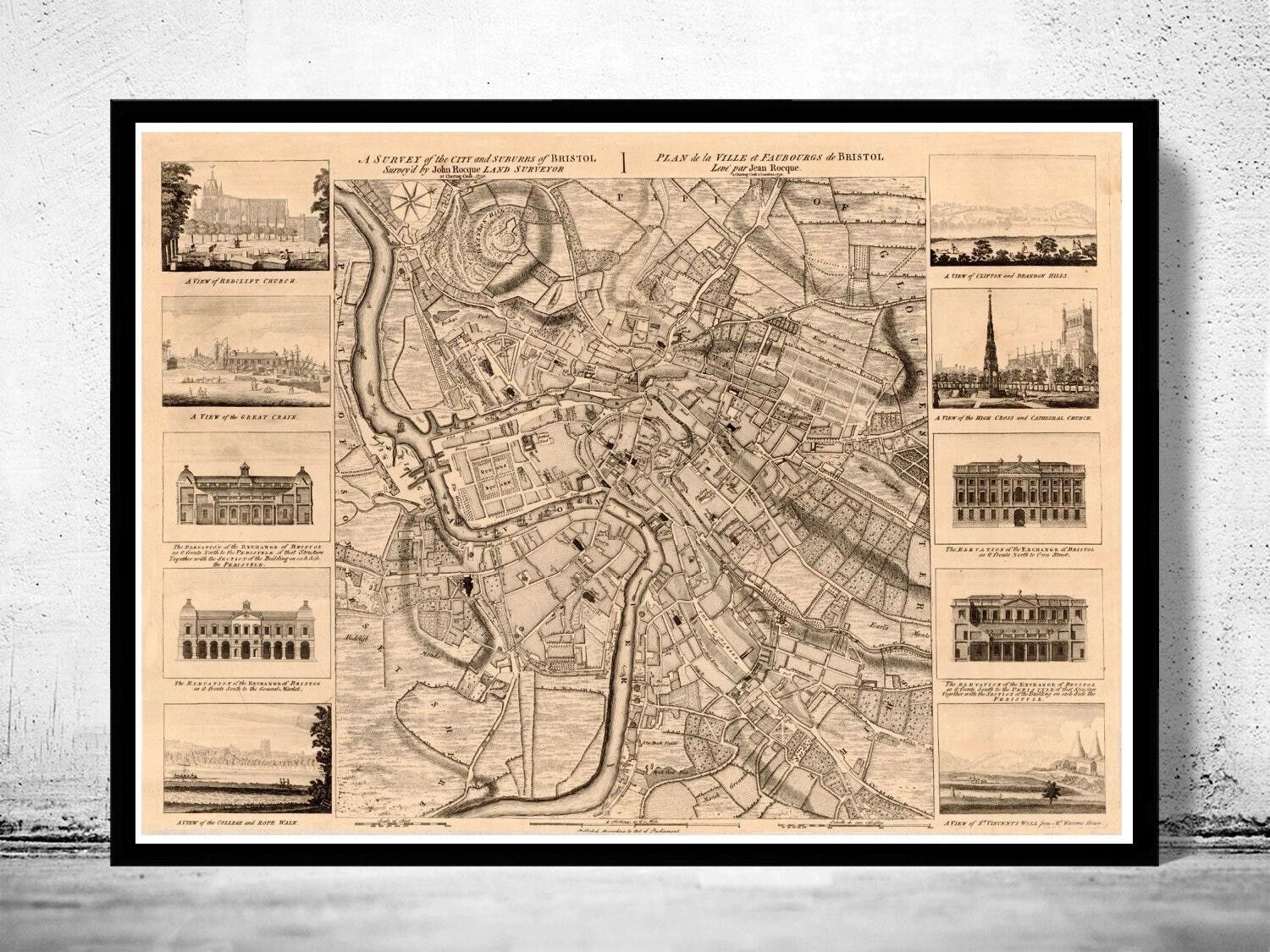Old Map of Bristol UK 1750 Vintage Map | Vintage Map Wall Art Print