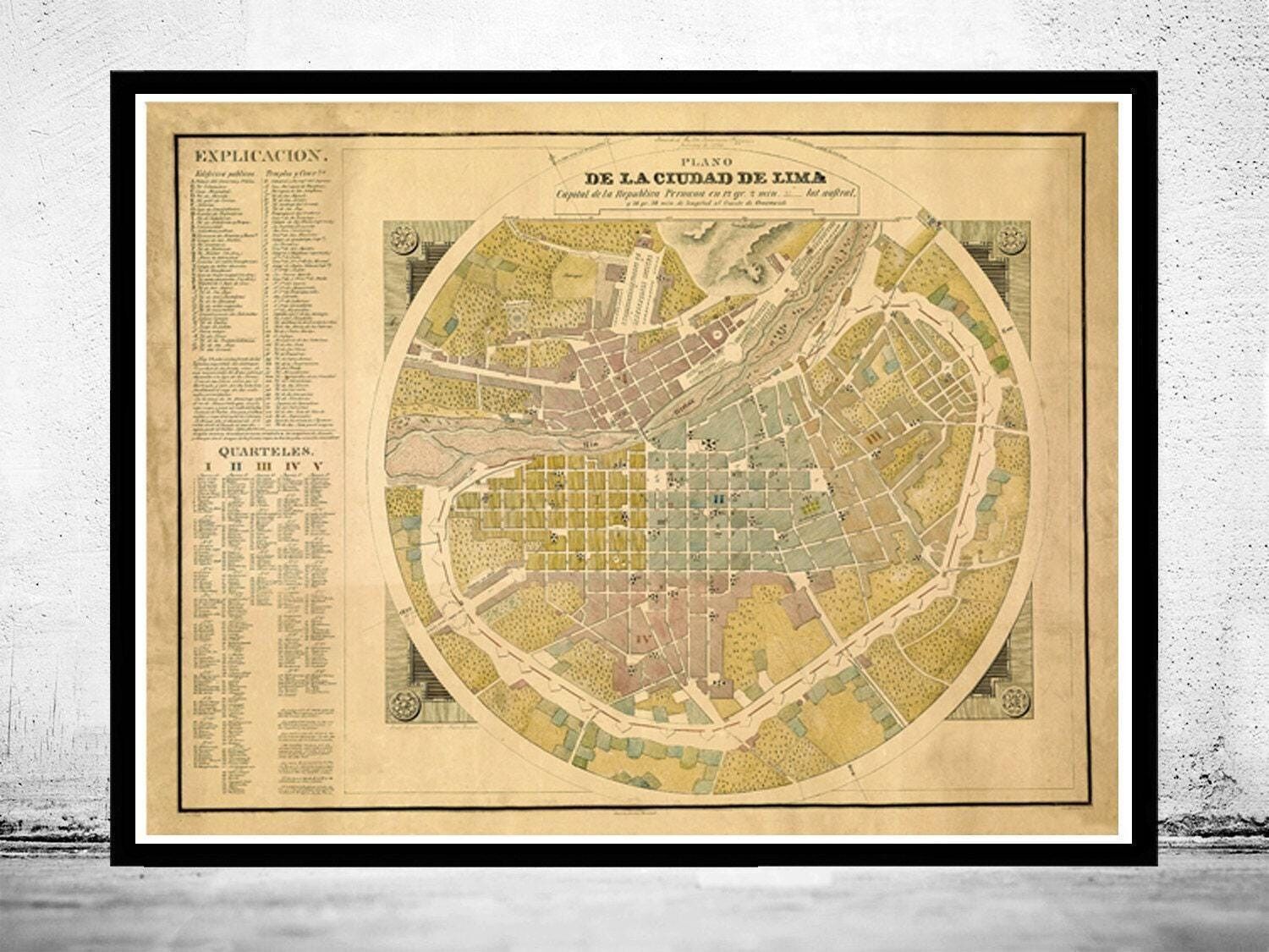 Old map of Lima Peru 1830 Vintage Map | Vintage Map Wall Art Print